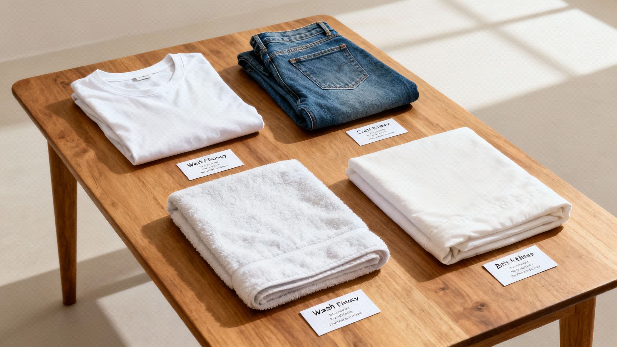 A wooden table displays neatly folded white t-shirt, blue jeans, a towel, and bed linen.