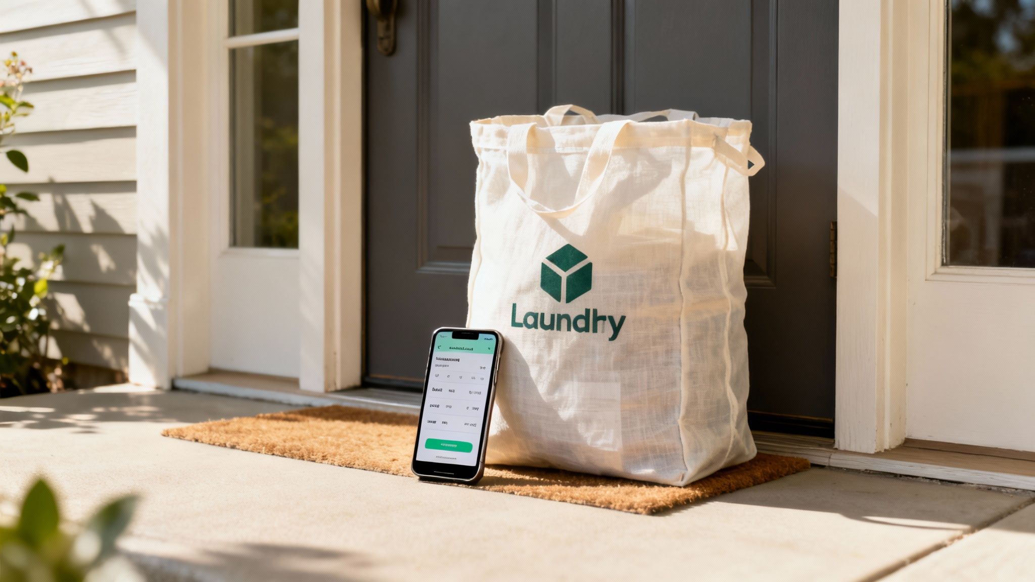 A white 'Laundry' bag and a smartphone on a doormat for a convenient laundry service.