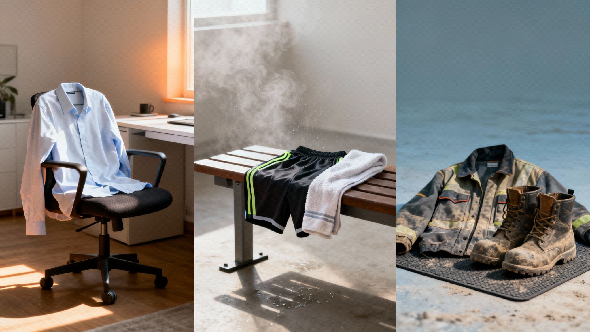 Three panels depict different clothing items: an office shirt, athletic wear, and dirty work clothes.