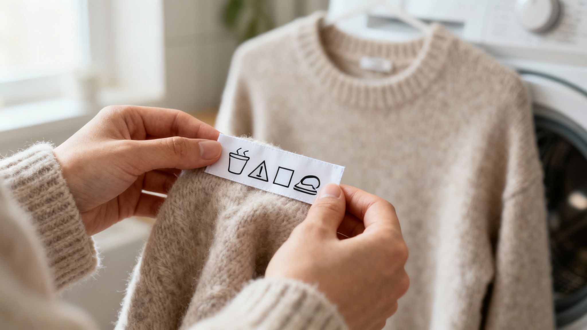 Close-up of hands holding a clothing care label with laundry symbols on a beige sweater.
