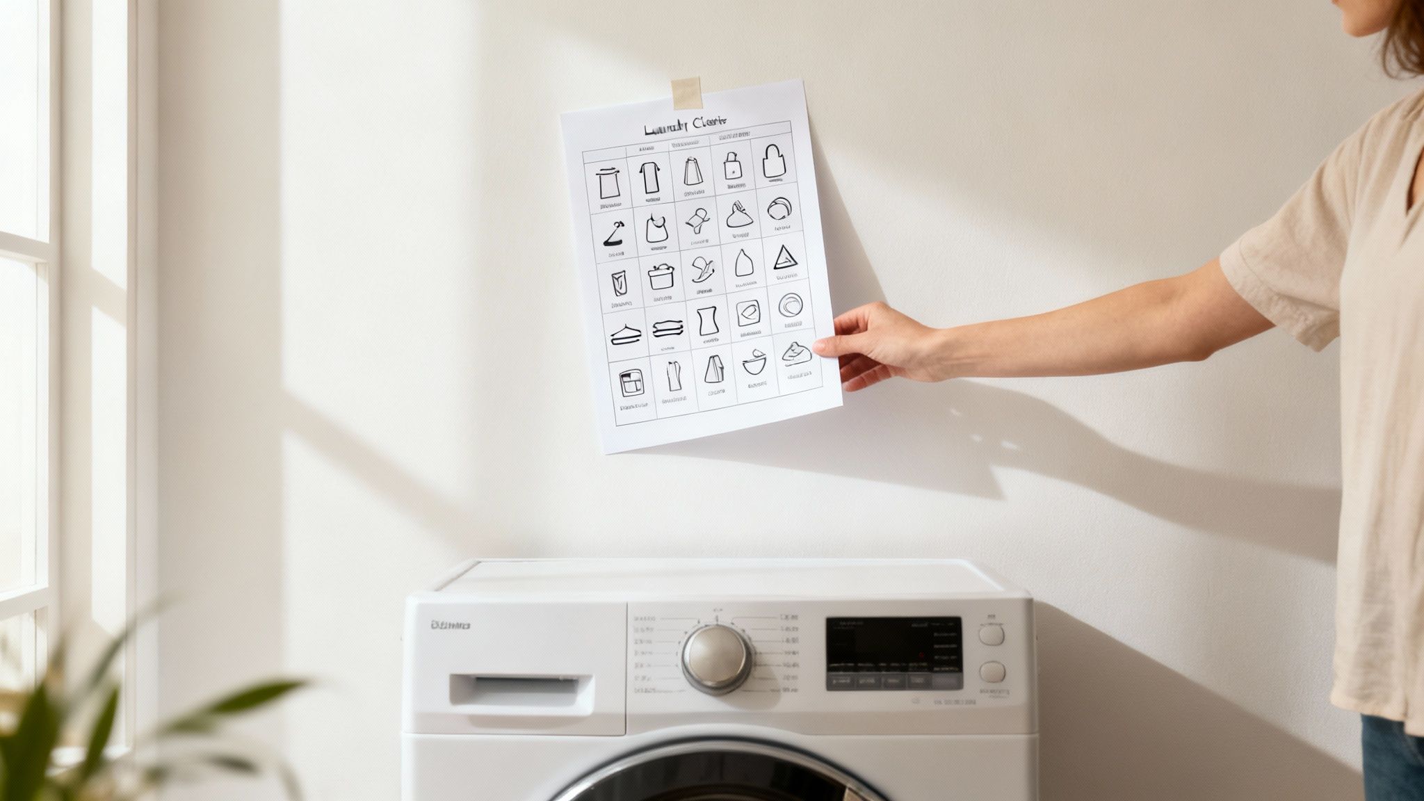 A person's hand holds a detailed laundry care chart above a modern white washing machine.