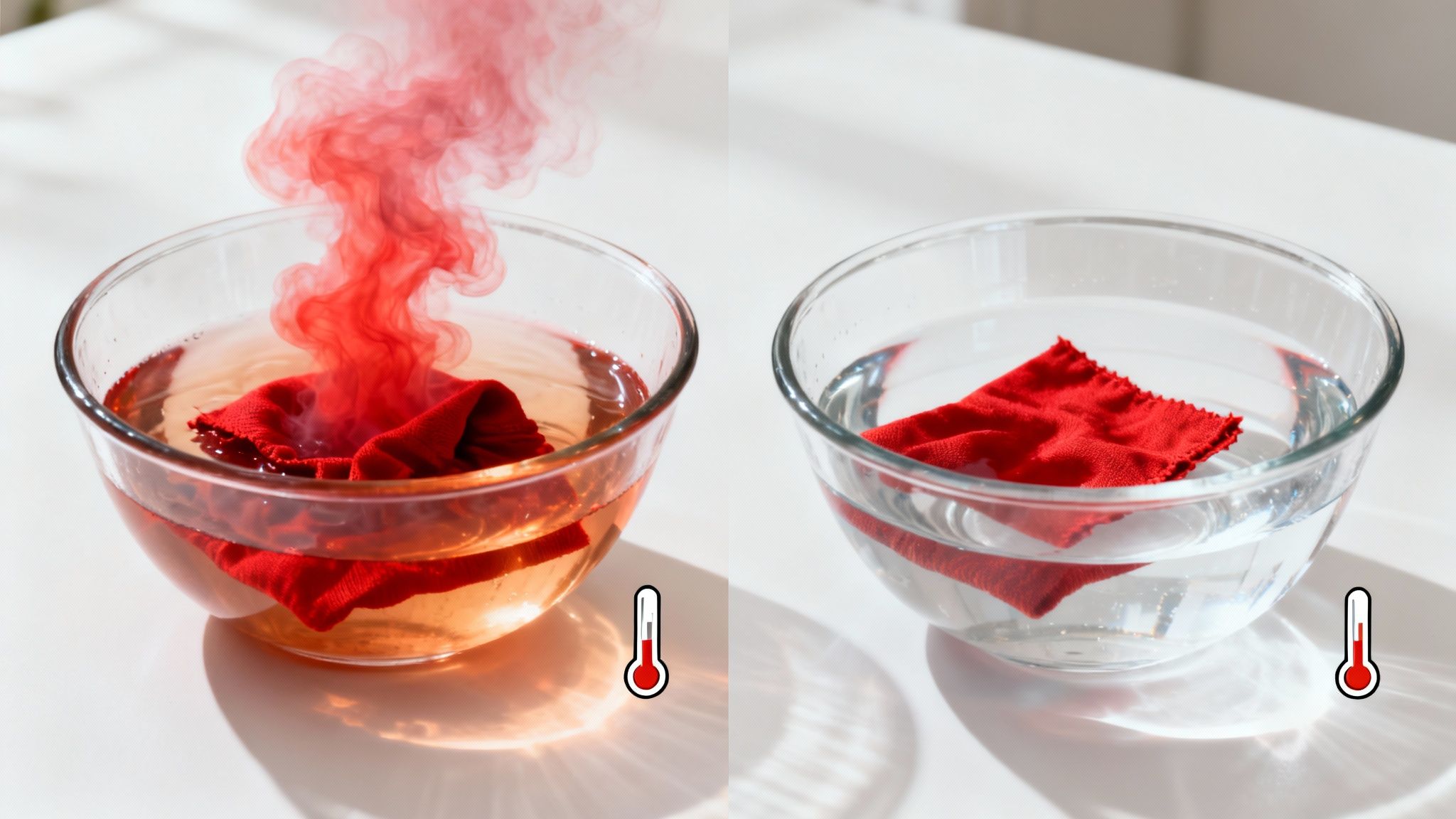 Two glass bowls demonstrate red fabric in hot, dye-leaching water versus cold, clear water.