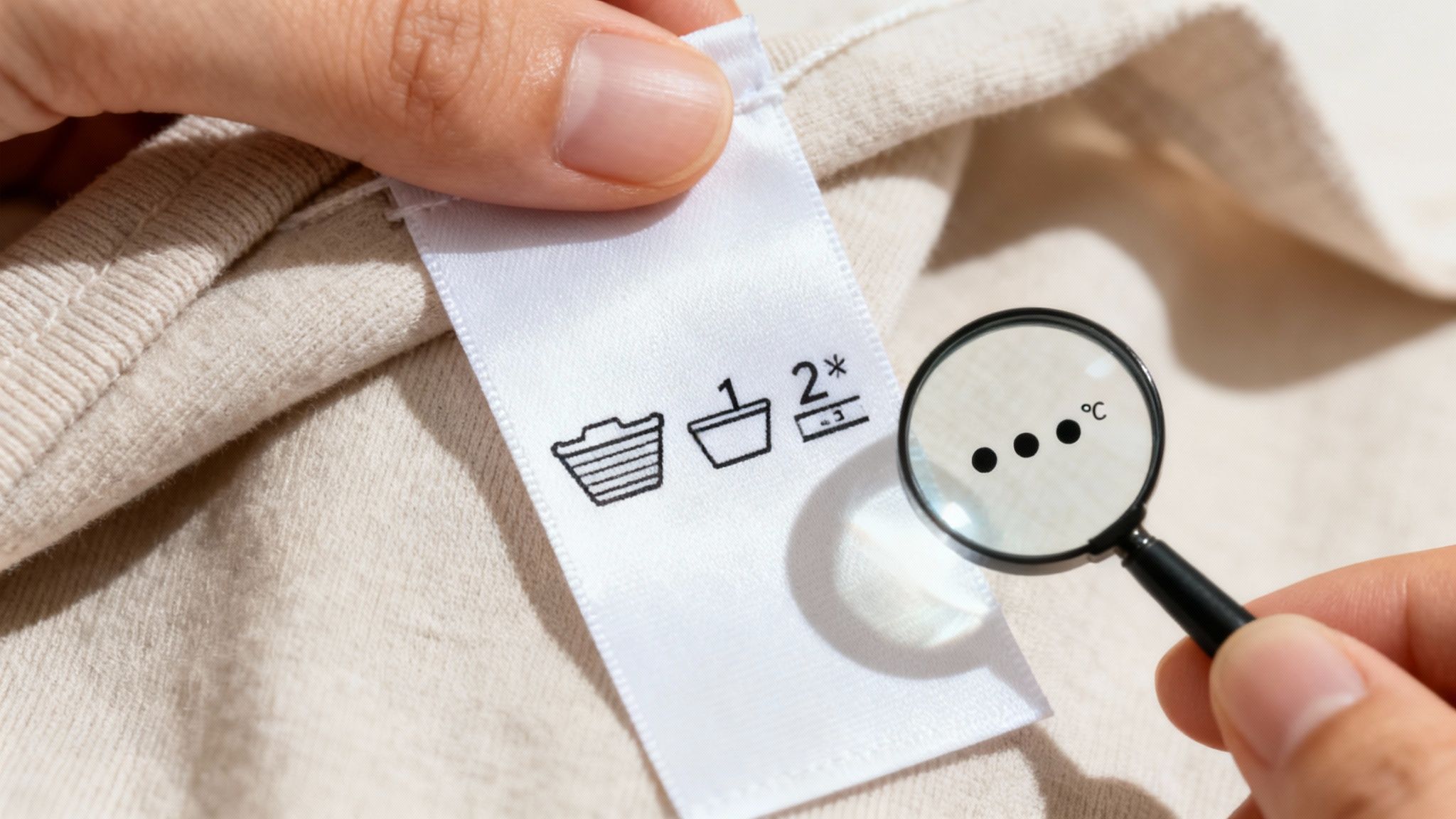 A hand holds a clothing care label, with a magnifying glass highlighting temperature symbols for washing instructions.