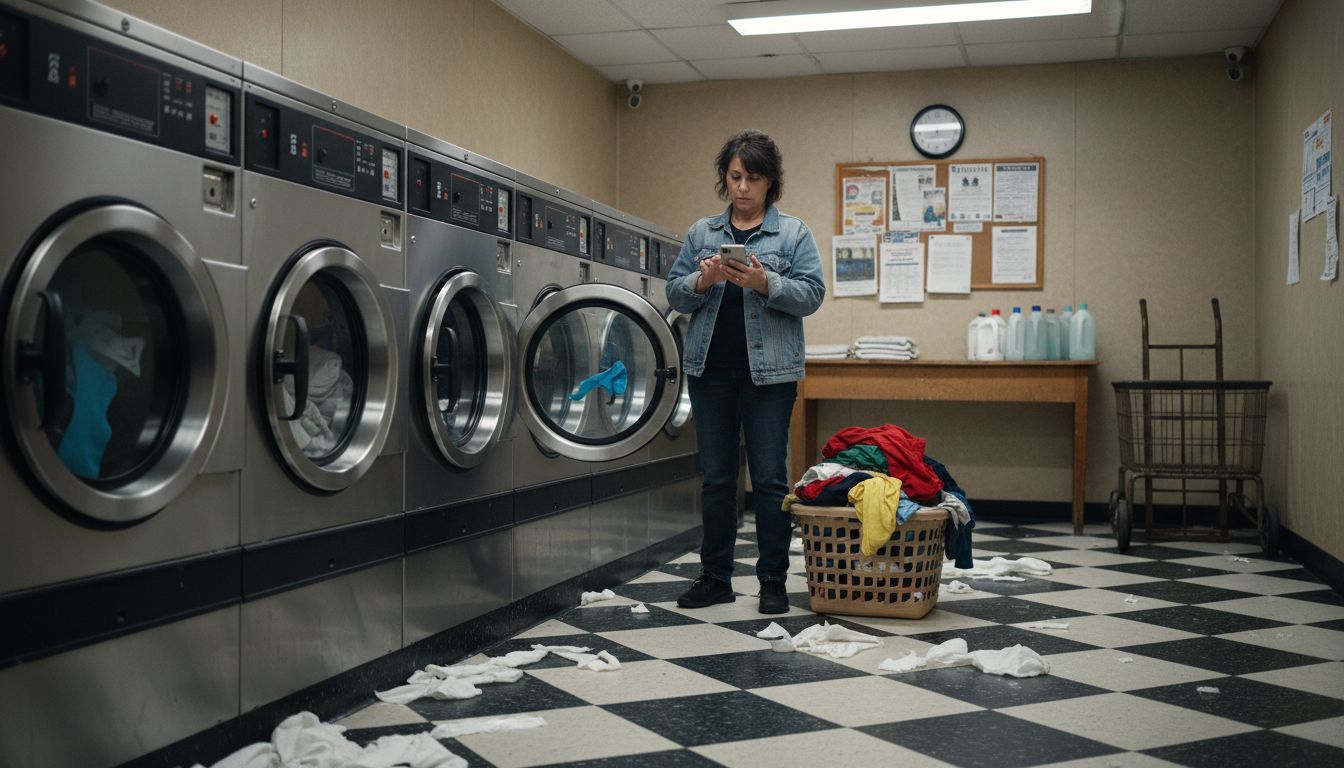 Woman using self-service laundromat, laundry in washers