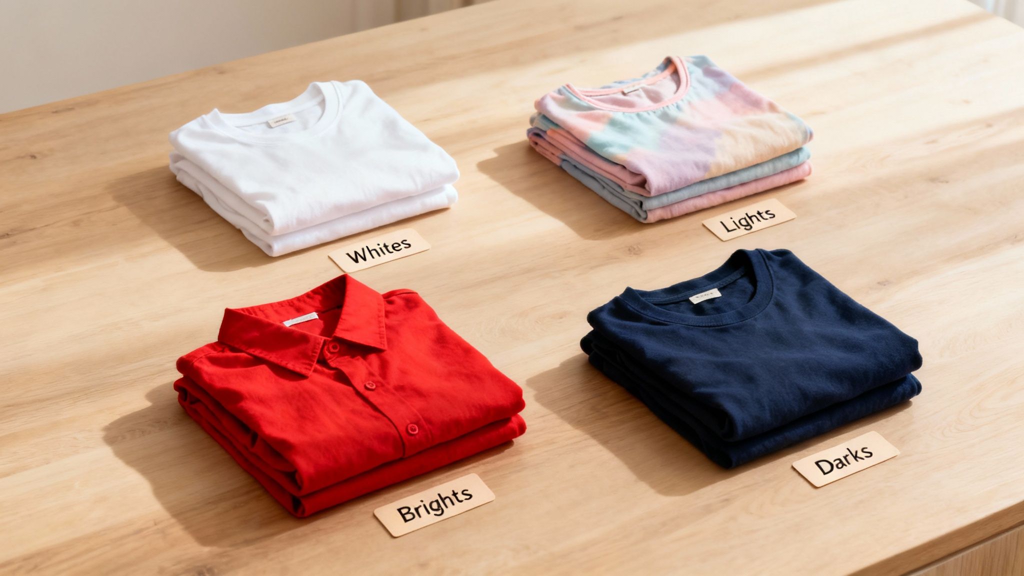 Four stacks of folded clothes sorted by color, labeled whites, lights, brights, and darks, on a wooden table.
