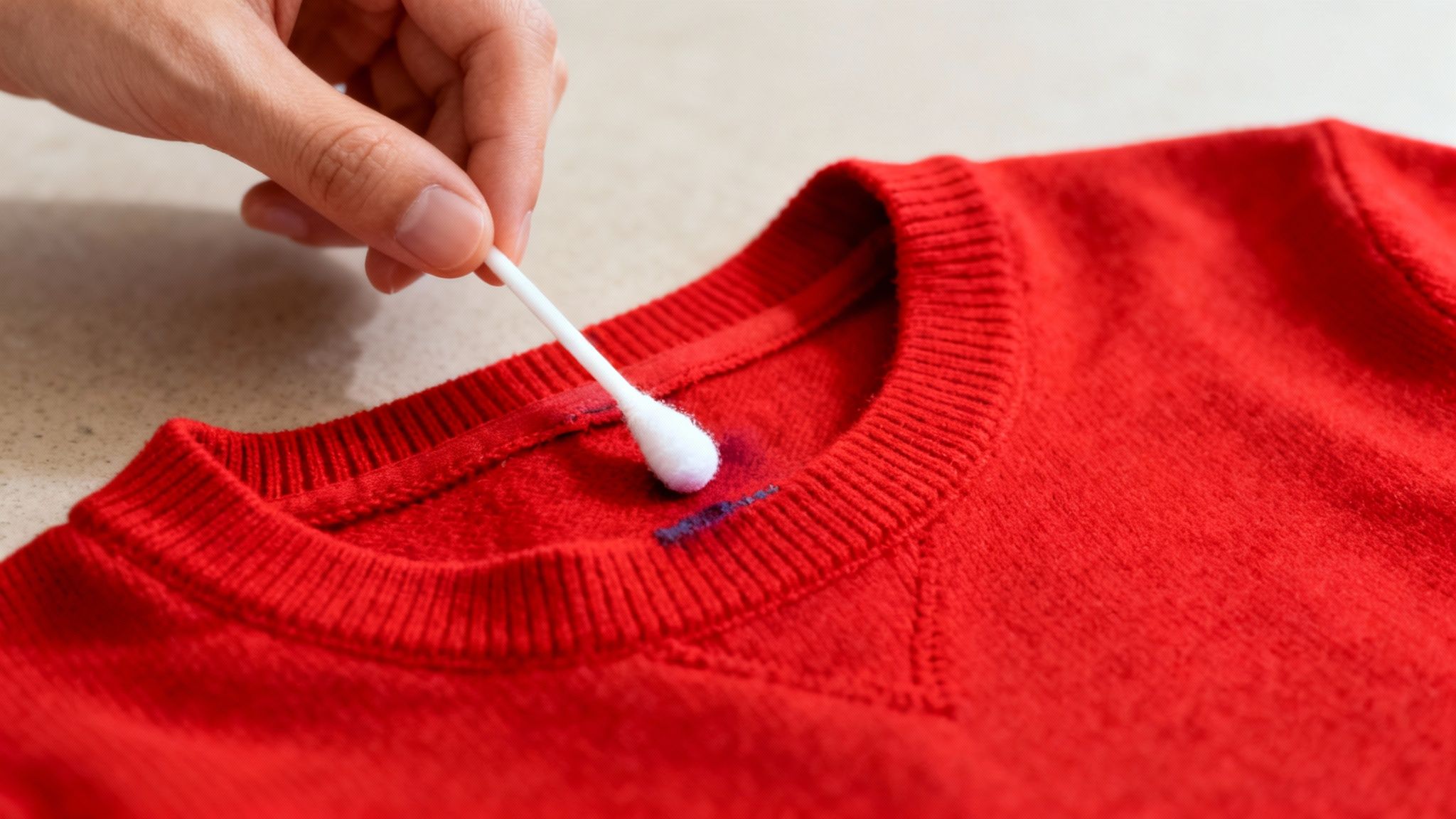 A hand uses a cotton swab to clean a purple stain from a red sweater, showing stain removal.