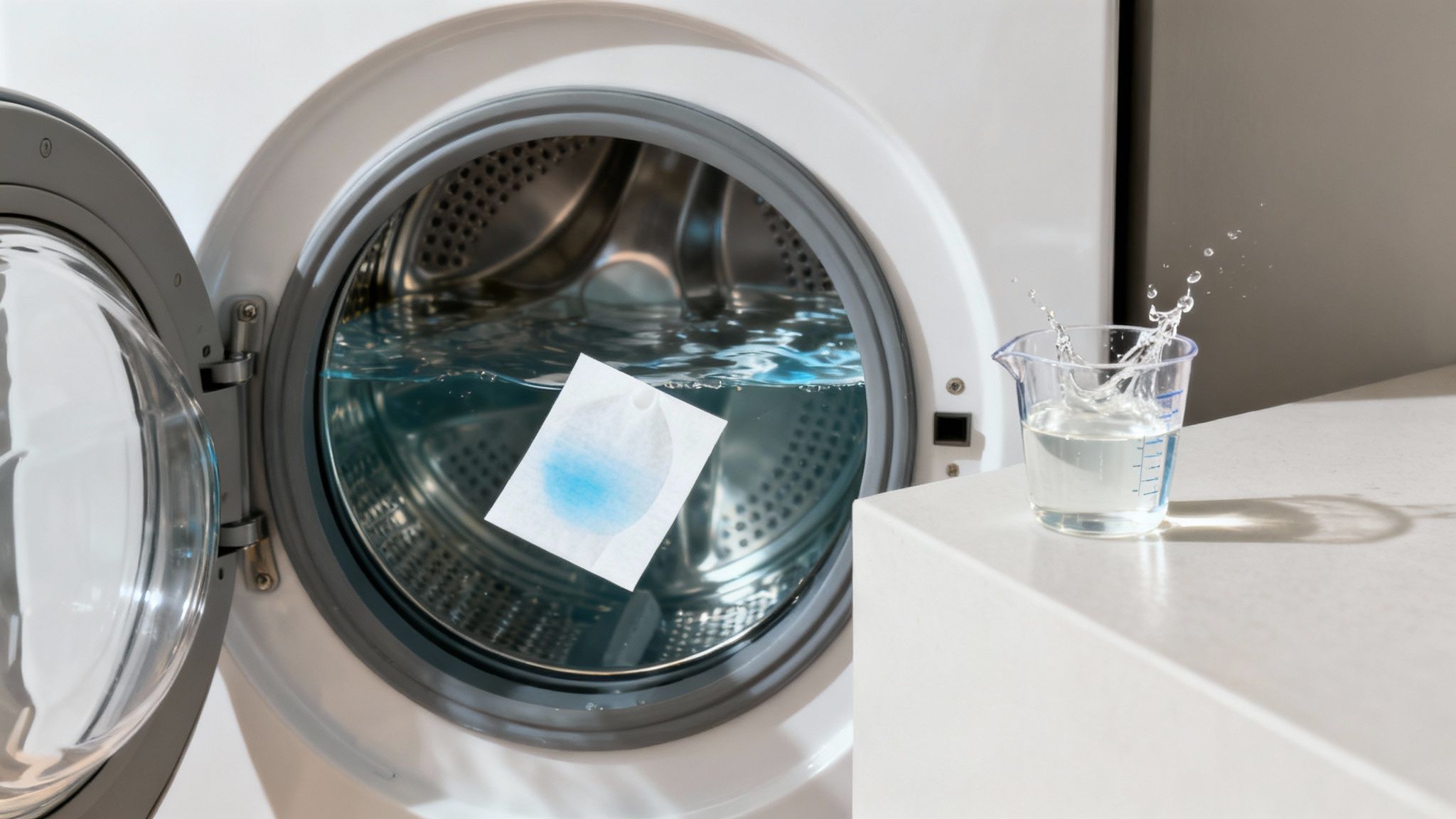 An open washing machine drum with water and a color bleeding test strip, next to a splashing measuring cup.
