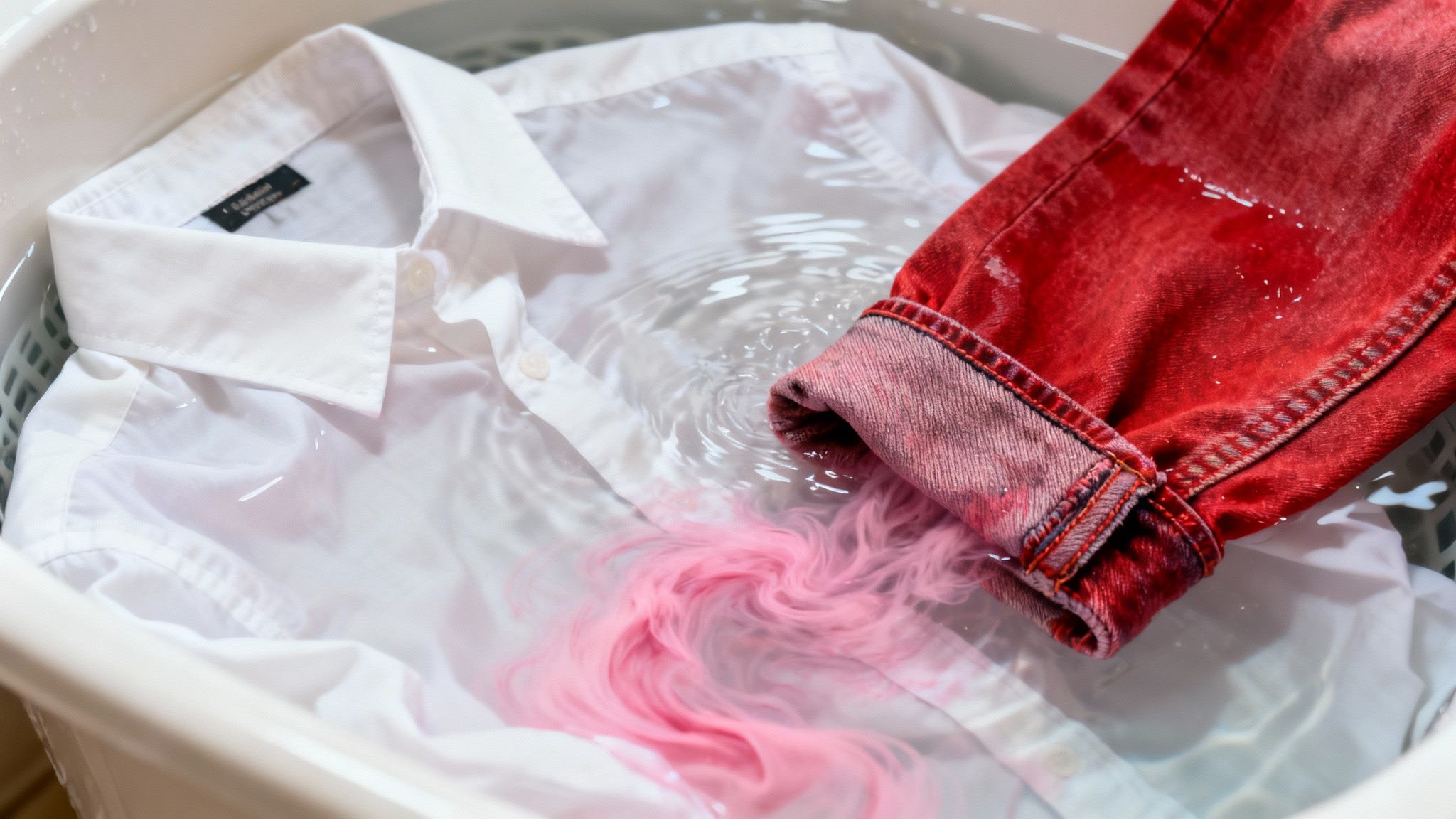 Red garment bleeding dye onto a white shirt in laundry water, causing discoloration.
