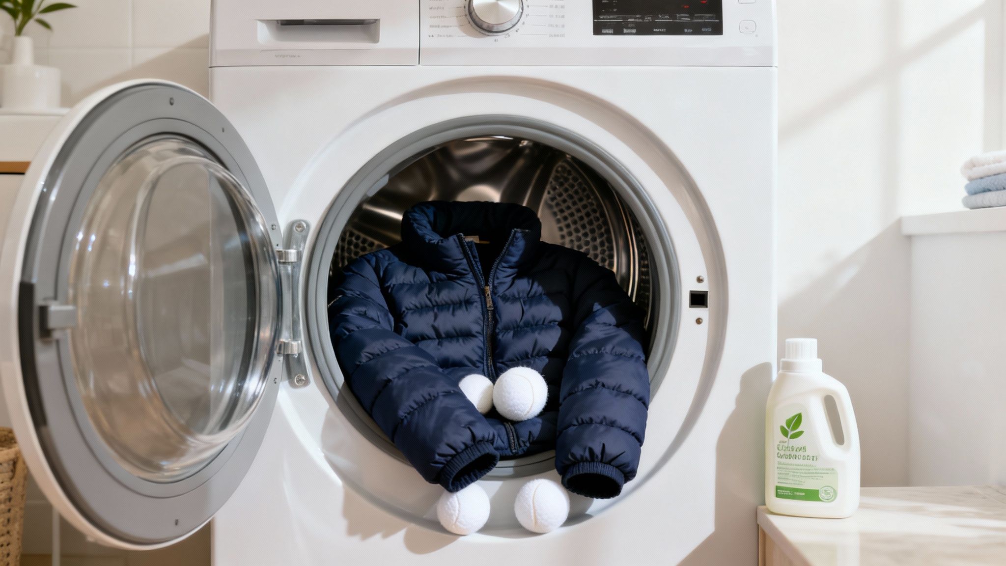 A blue puffer jacket and dryer balls inside a front-load washing machine with detergent nearby.
