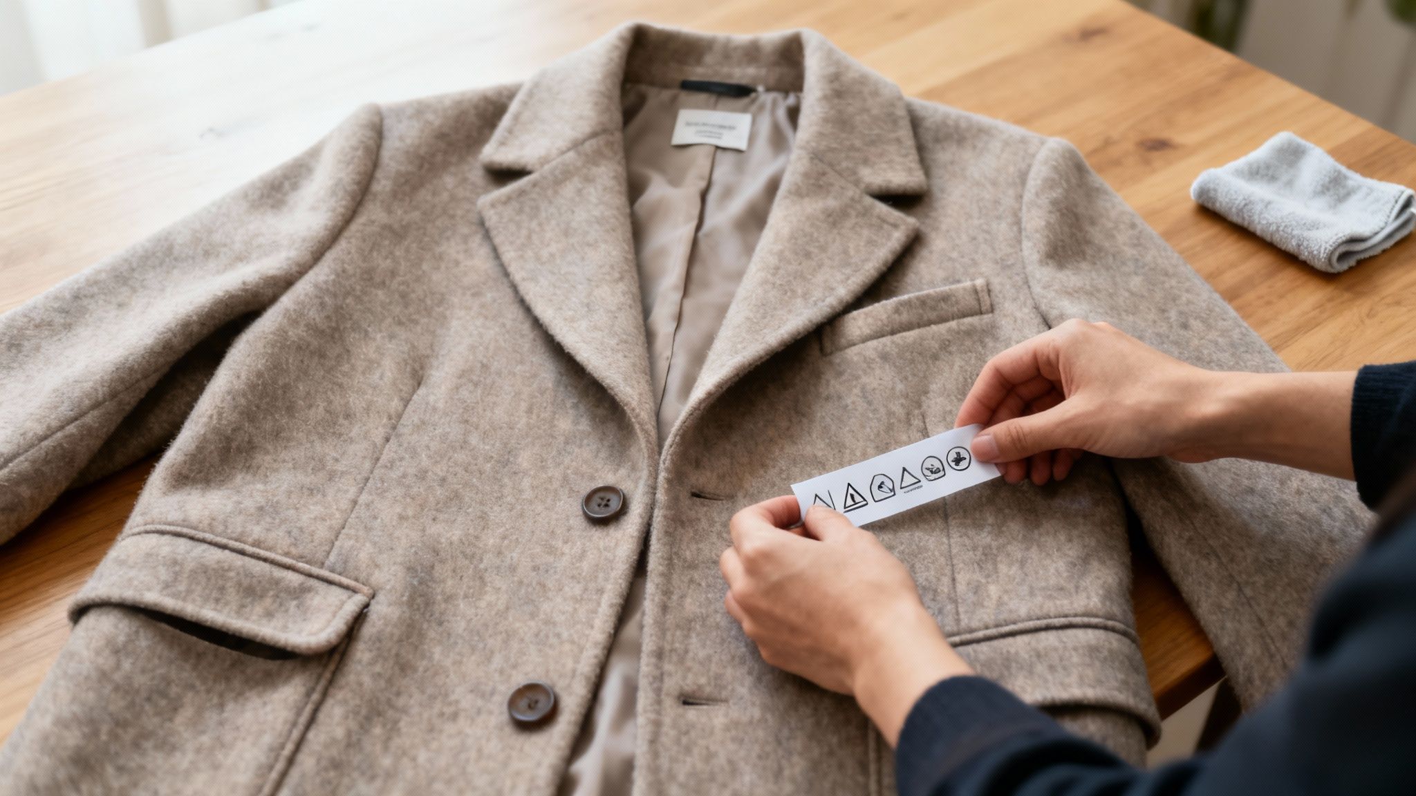 A person holds a strip of laundry care symbols over a wool coat on a wooden table.