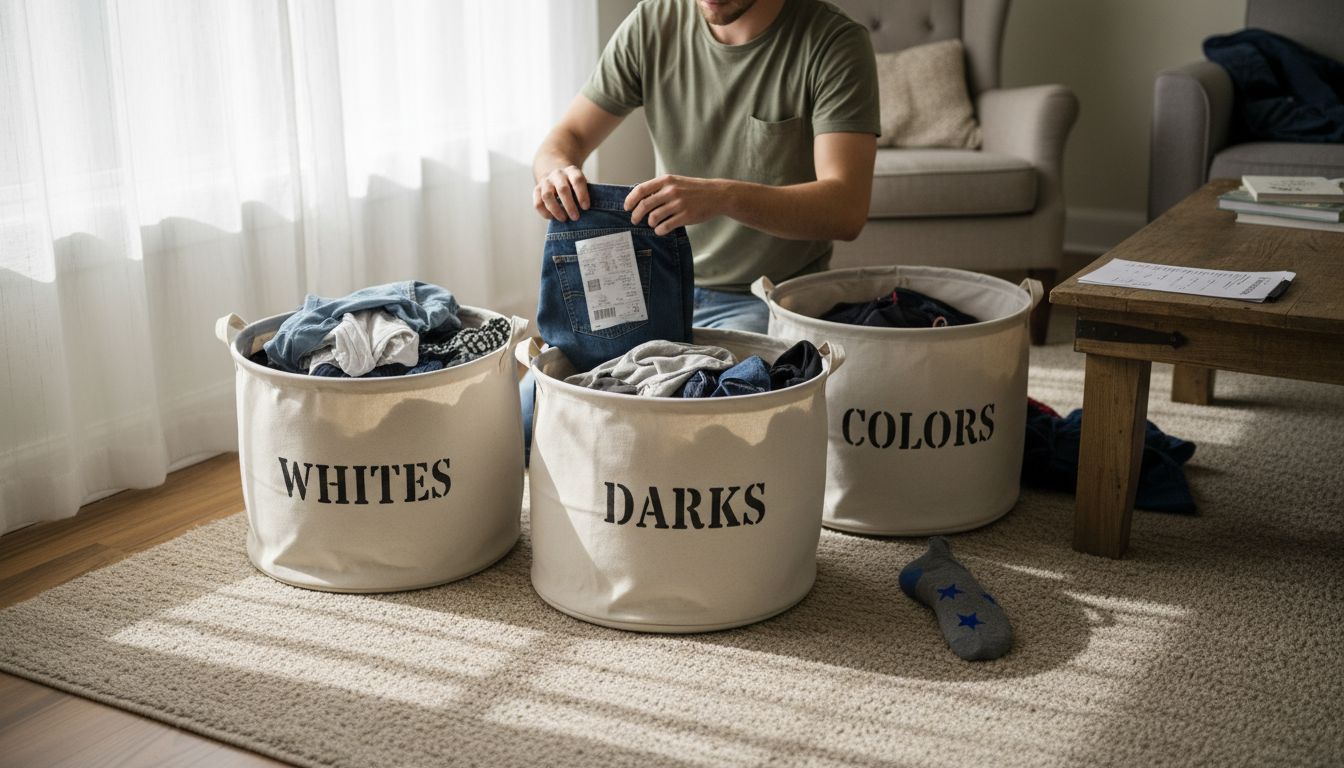 Man sorting laundry into categorized bins
