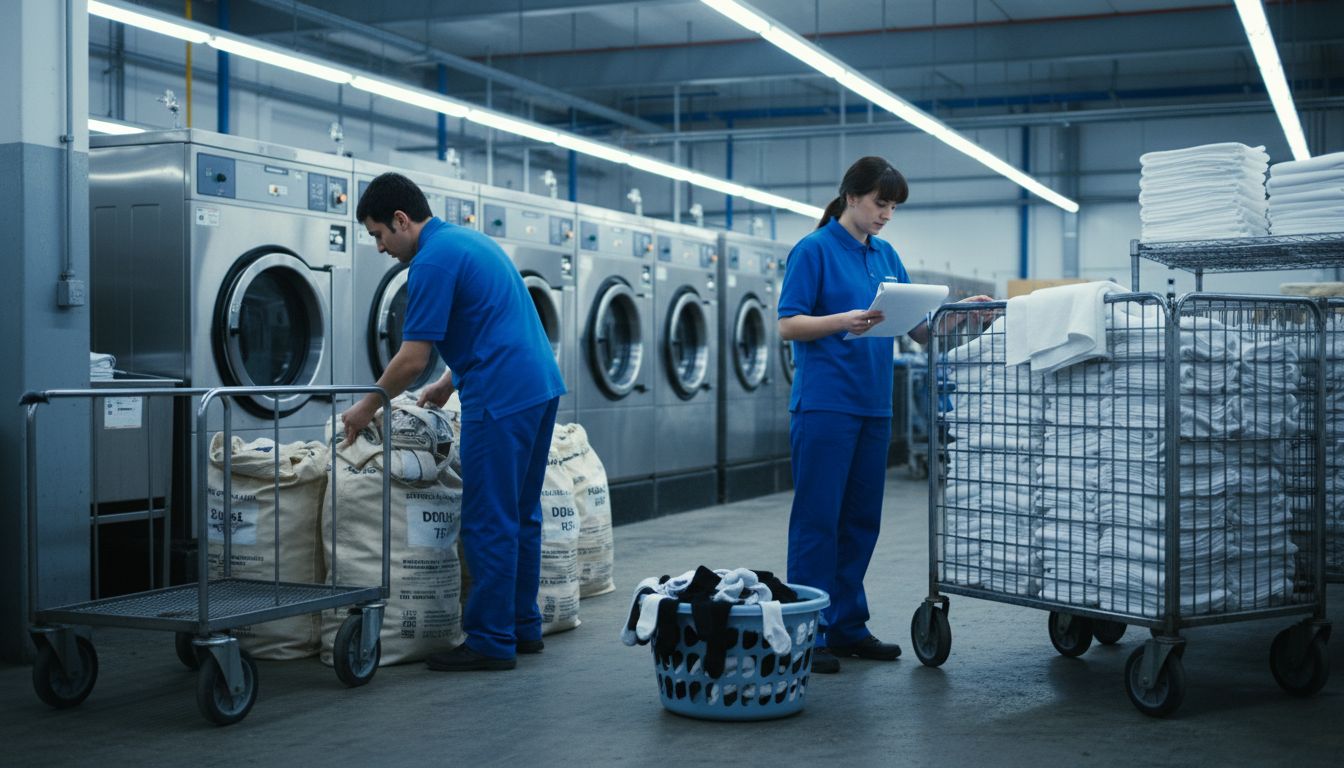 Industrial workers handling commercial bulk laundry