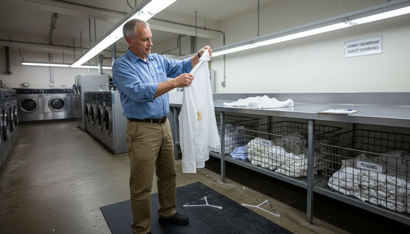 Technician checking shirt for stains