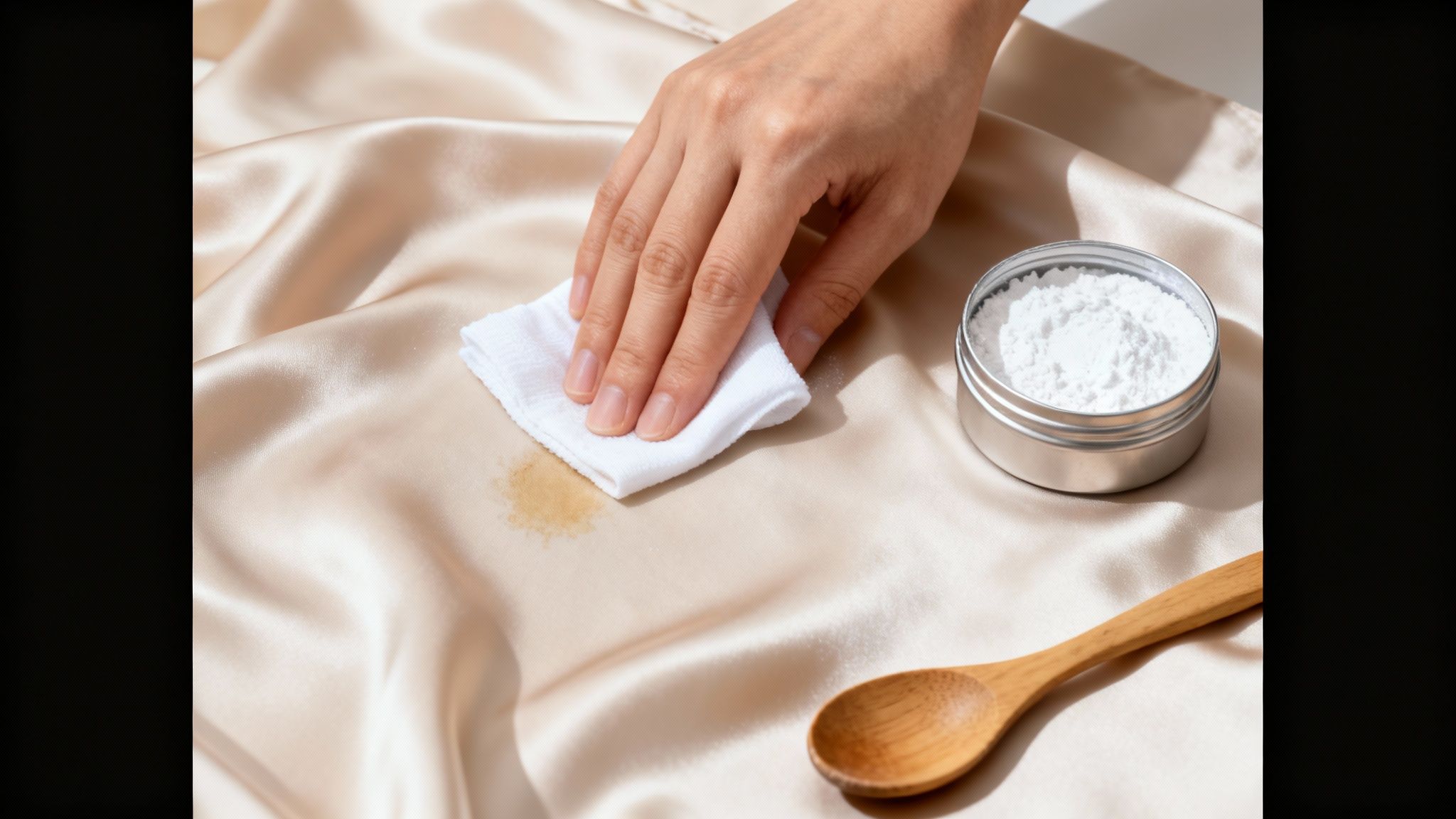 A hand gently dabbing an oil stain on silk fabric with a white cloth, next to a tin of powder.
