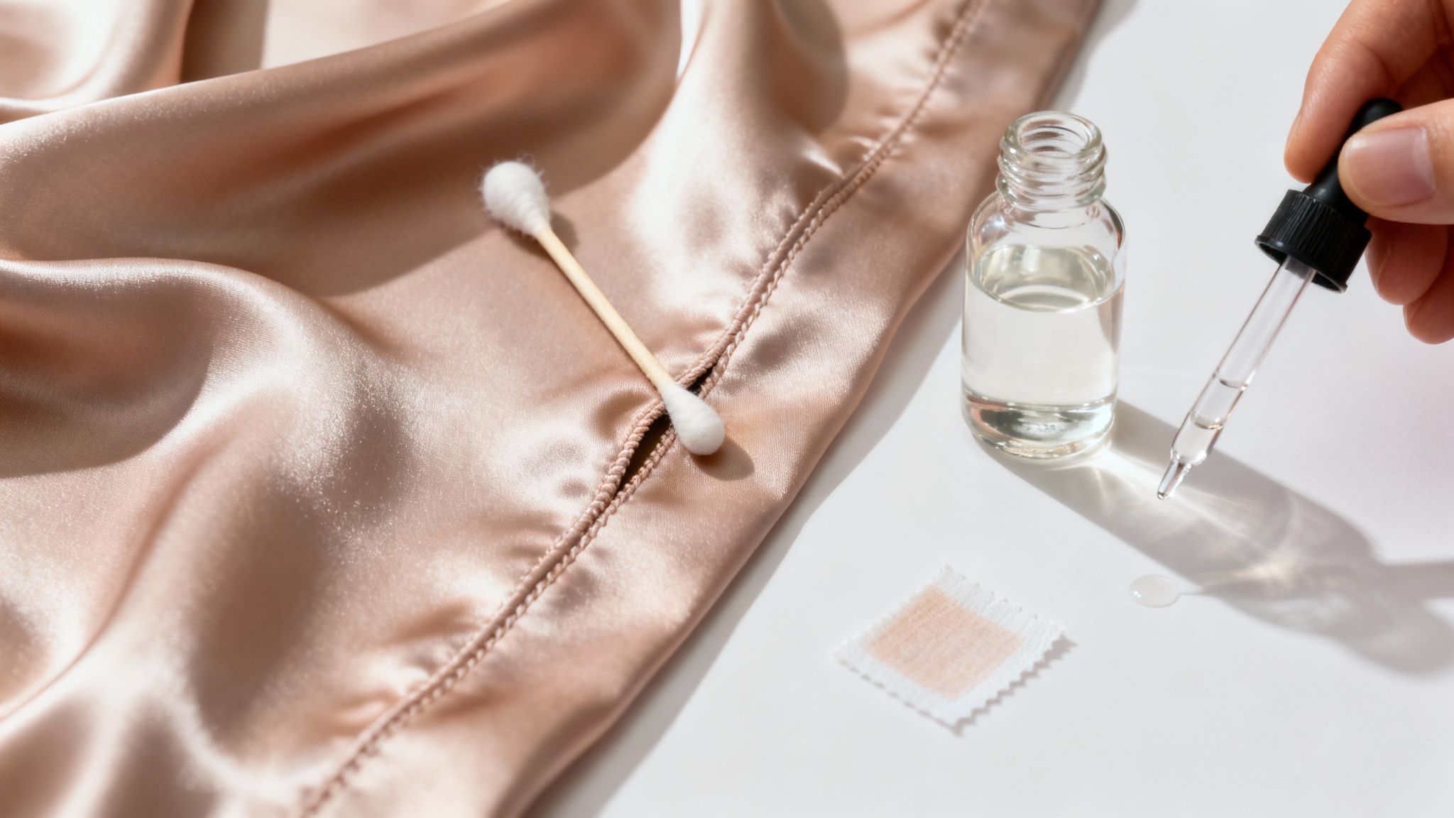 Hand applying clear liquid with a dropper near silk fabric, cotton swab, and cleaning patch.