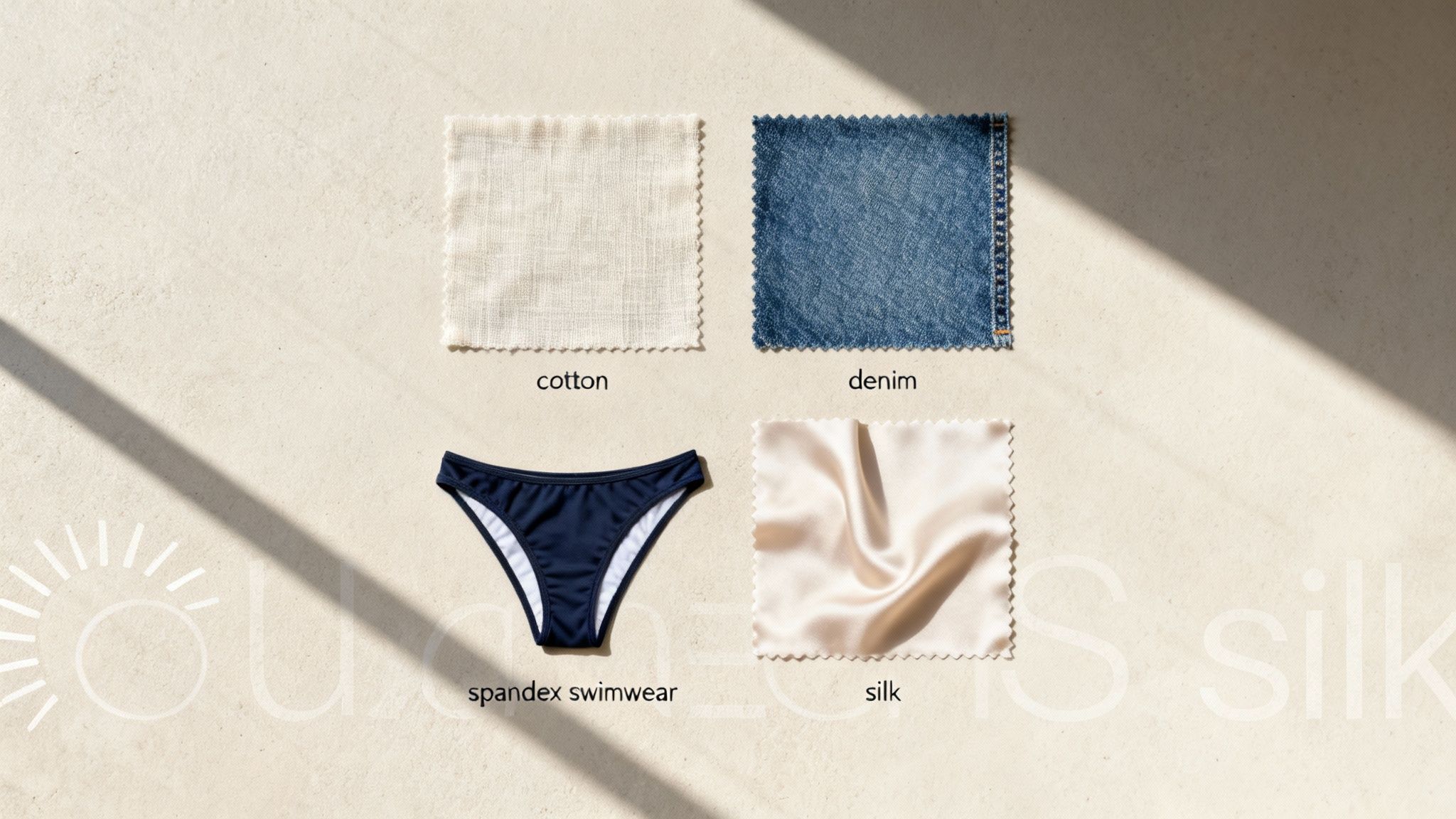 Four fabric swatches: cotton, denim, spandex swimwear, and silk, displayed on a light surface.