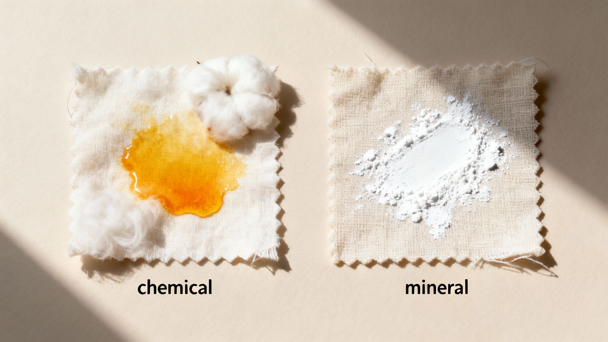 Two fabric swatches displaying different substances: a yellow liquid labeled 'chemical' and white powder labeled 'mineral'.