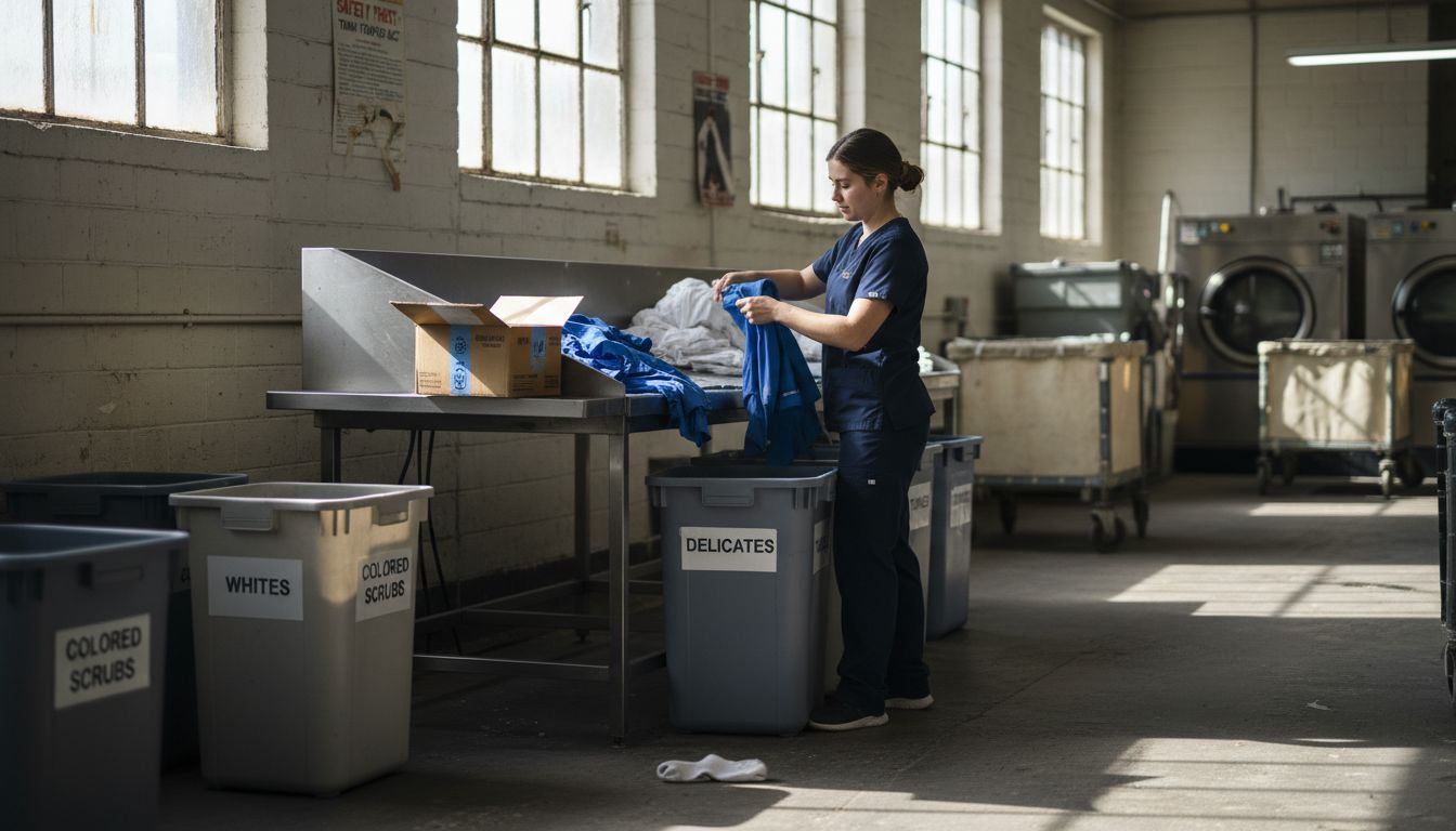 Sorting uniforms at laundry intake station