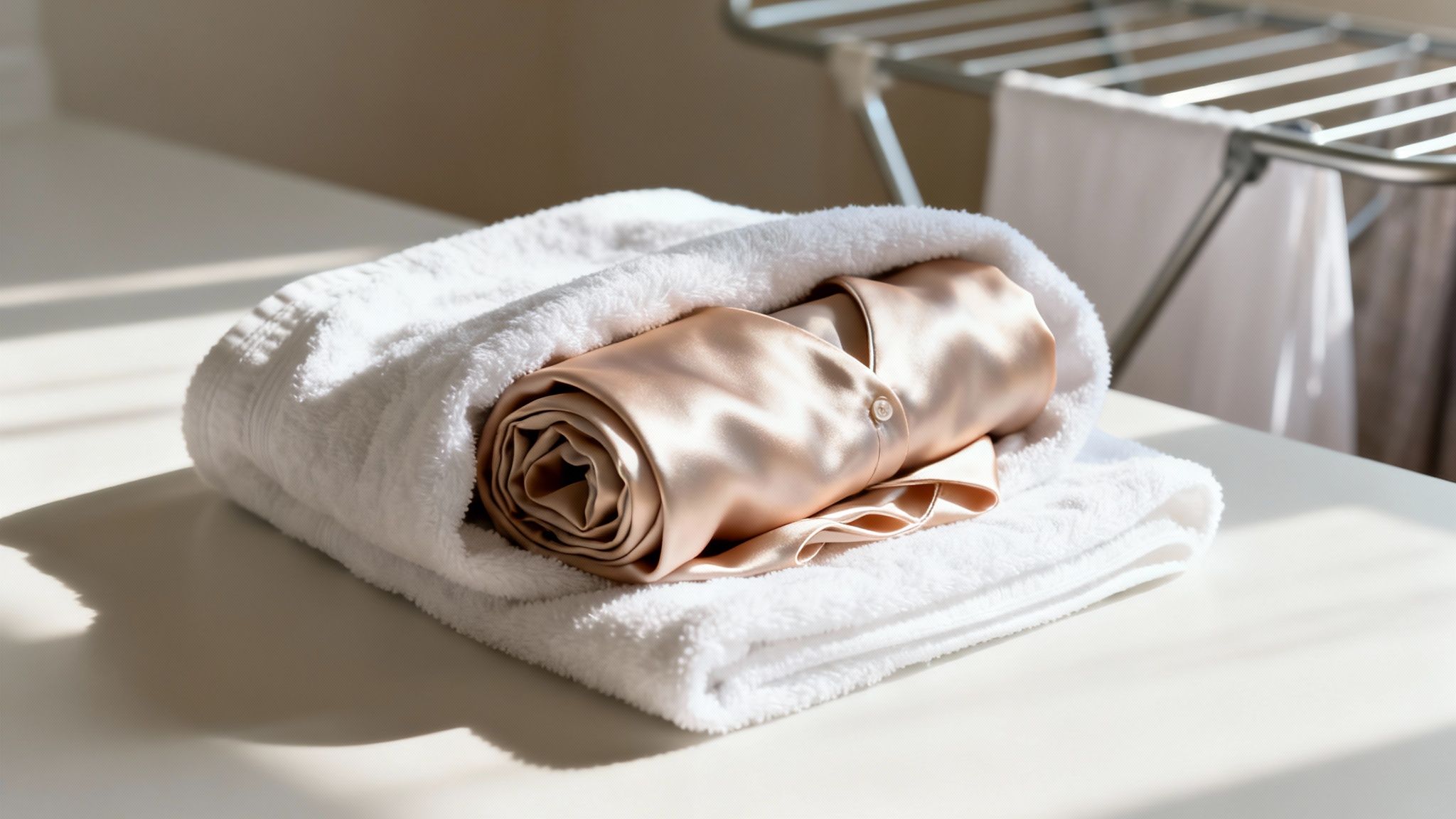 Rolled peach silk fabric on a white towel, with a laundry drying rack in the background.