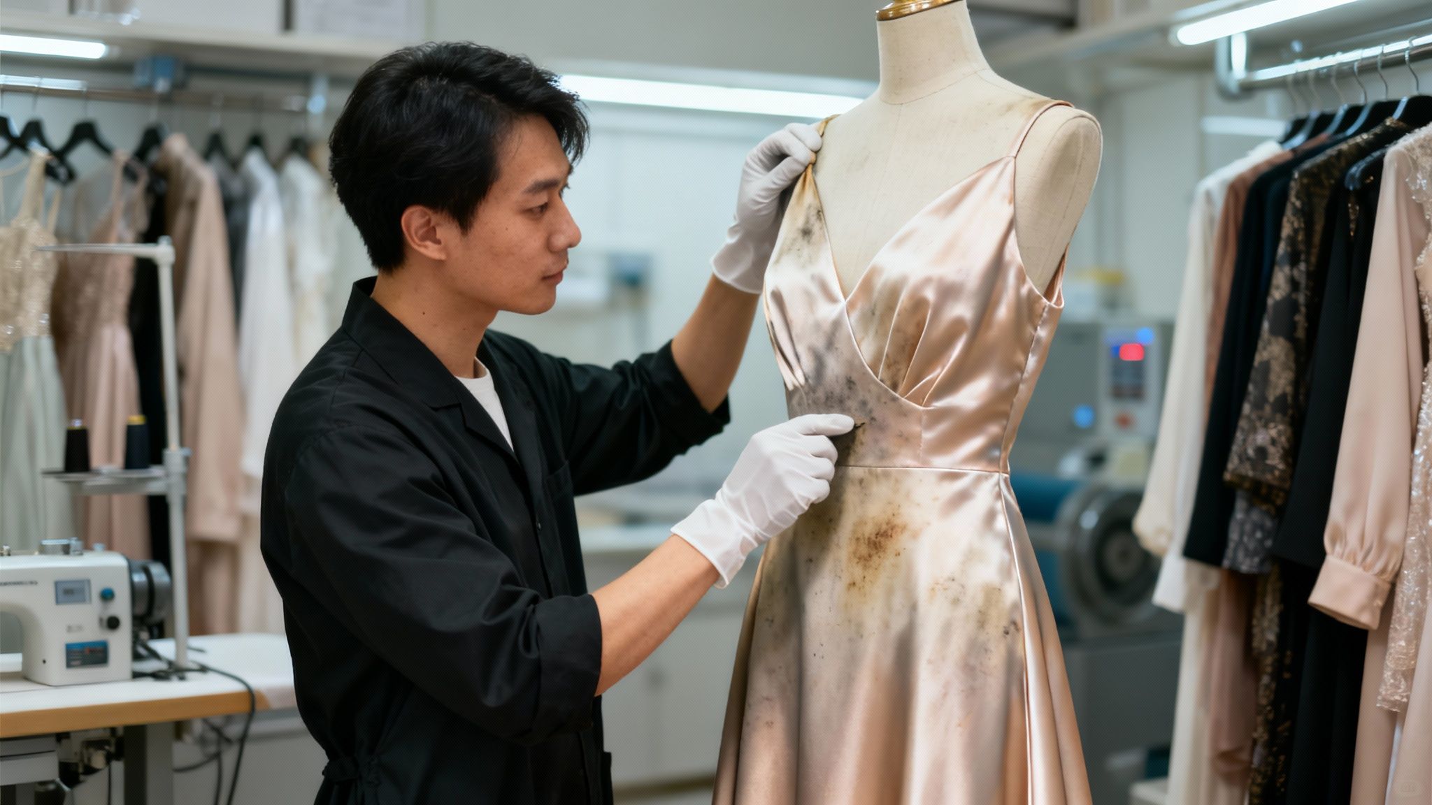 A professional in white gloves meticulously inspects a delicate silk dress severely stained with mold.
