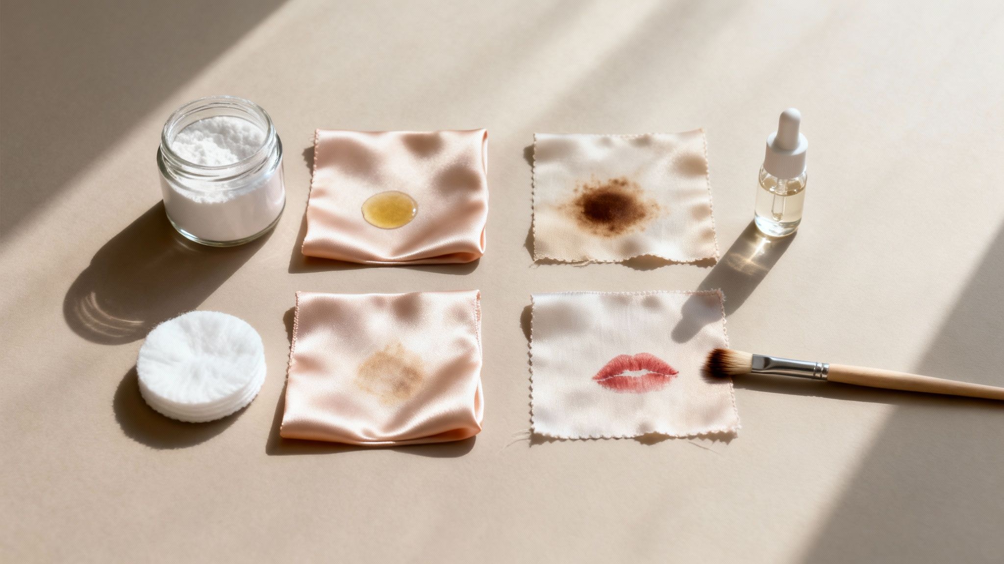 Silk fabric swatches display oil, makeup, and lipstick stains alongside stain removal tools.