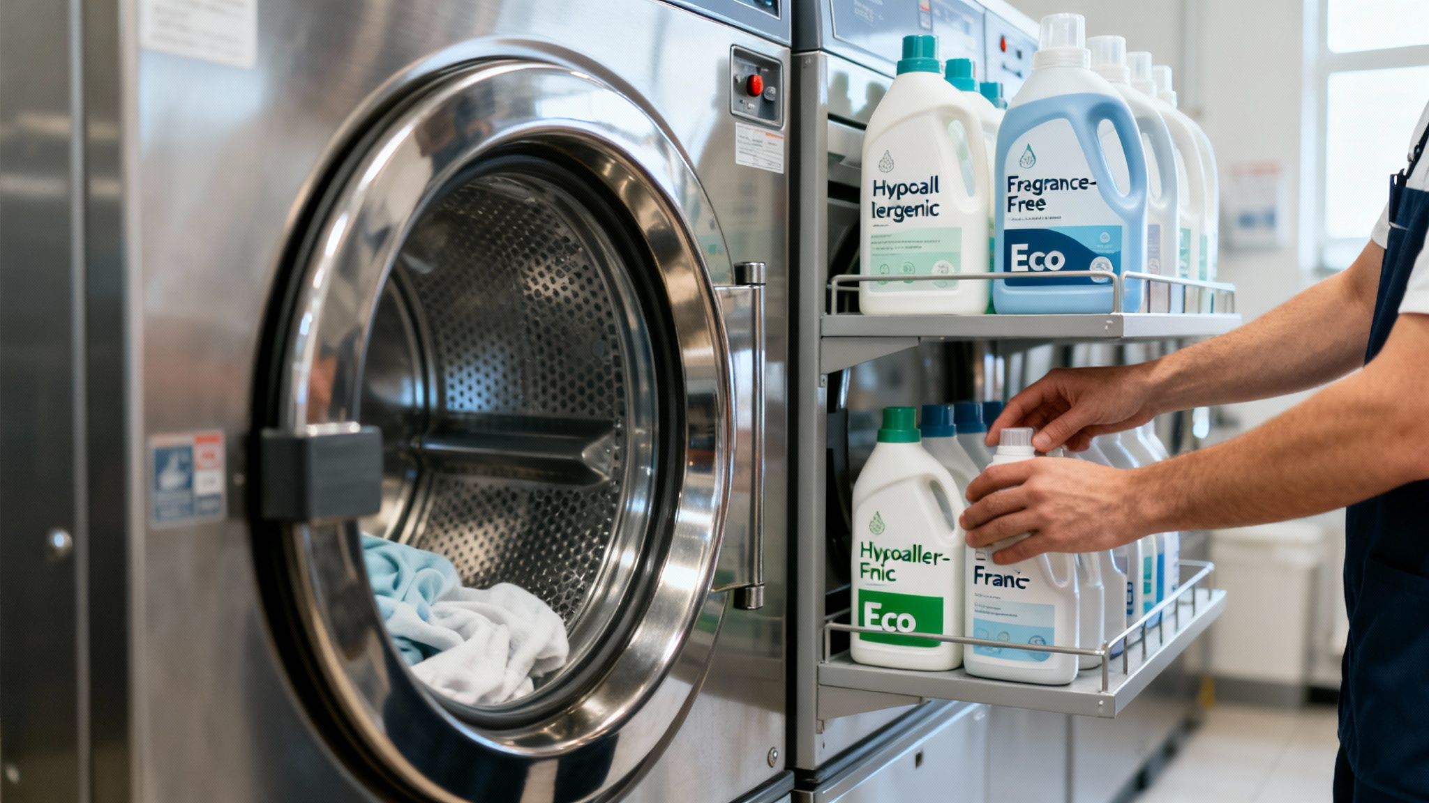 A person organizes hypoallergenic and eco-friendly detergents next to a large washing machine.