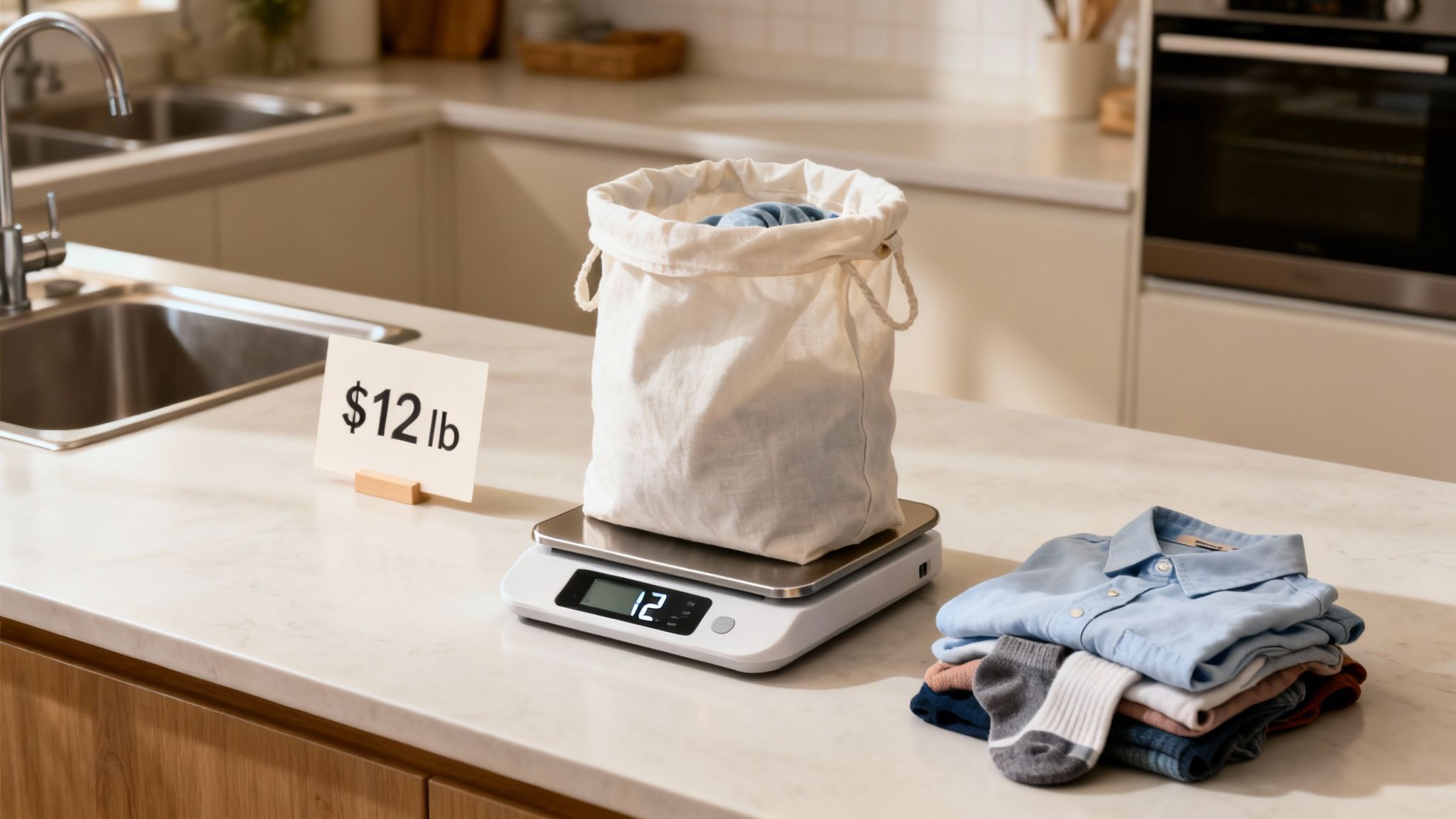 A laundry bag on a scale showing '1.2' next to a '$12 lb' sign and folded clothes.