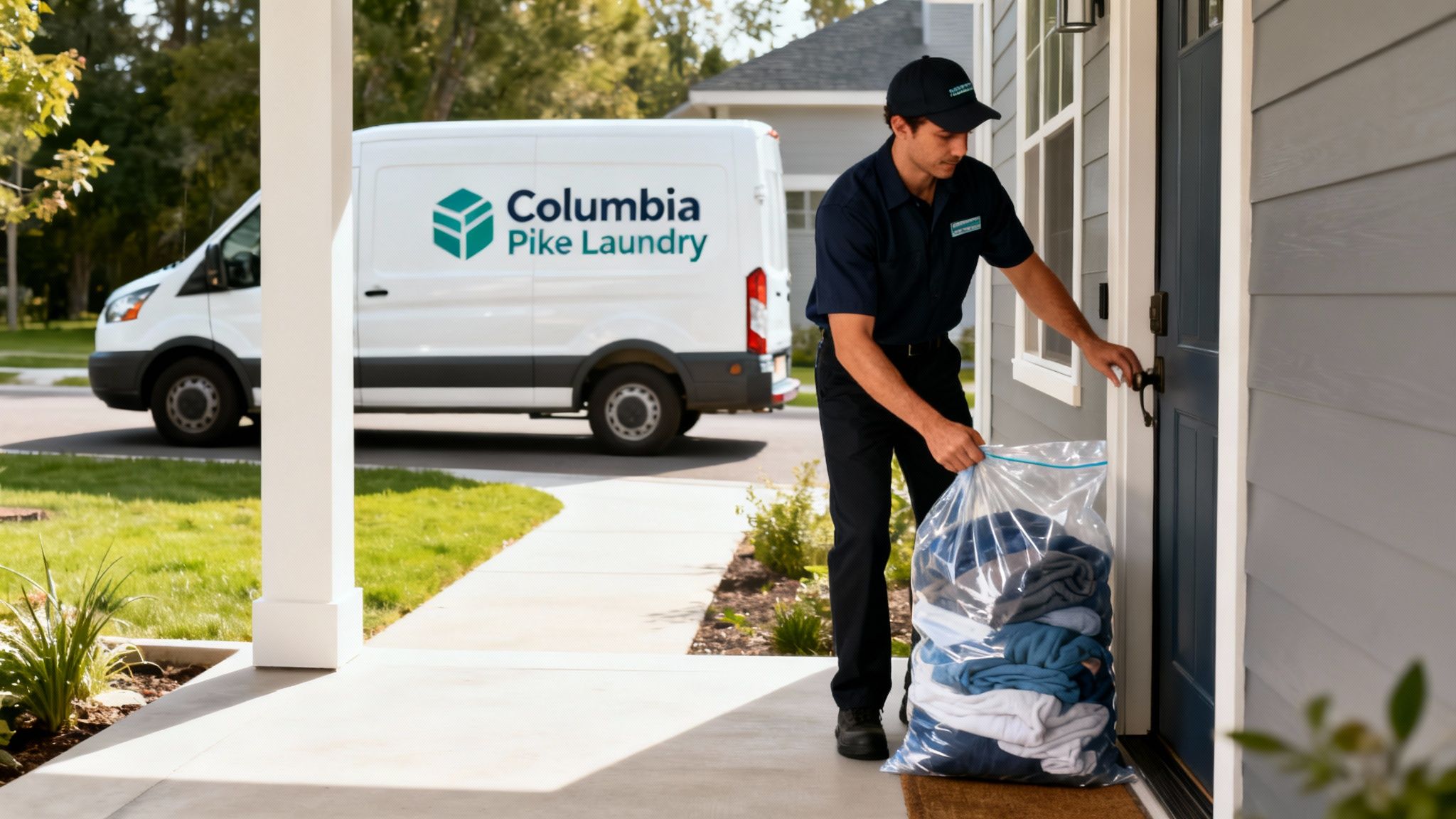 A laundry delivery driver in uniform drops off a clear bag of clean, folded clothes at a customer's doorstep.