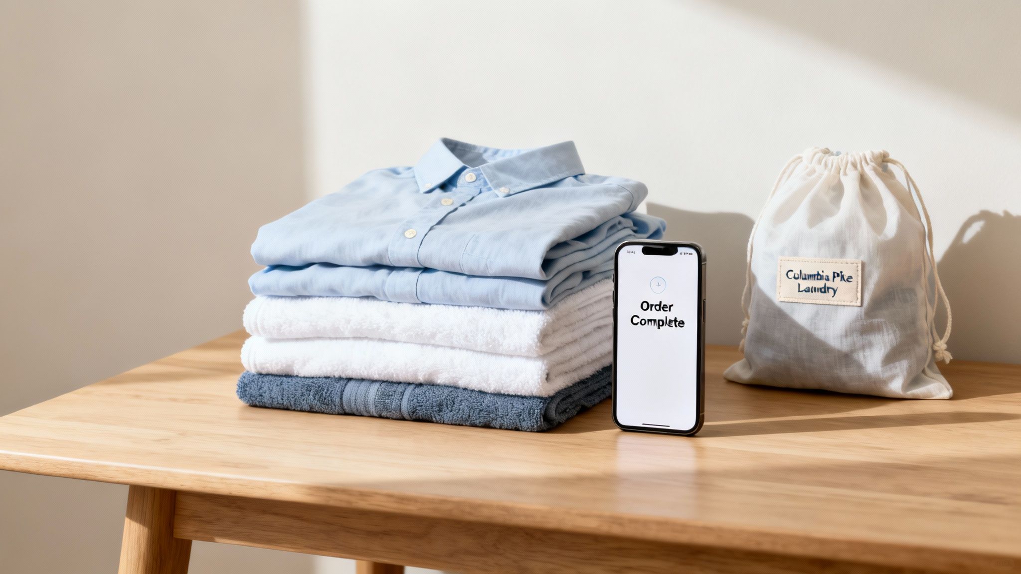 Neatly folded laundry, a smartphone showing "Order Complete," and a laundry bag on a wooden table.
