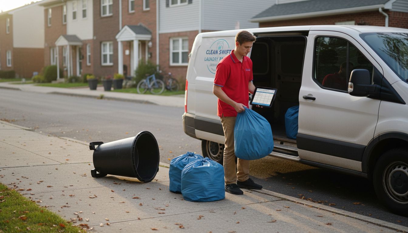 Laundry service driver unloading bags with tablet