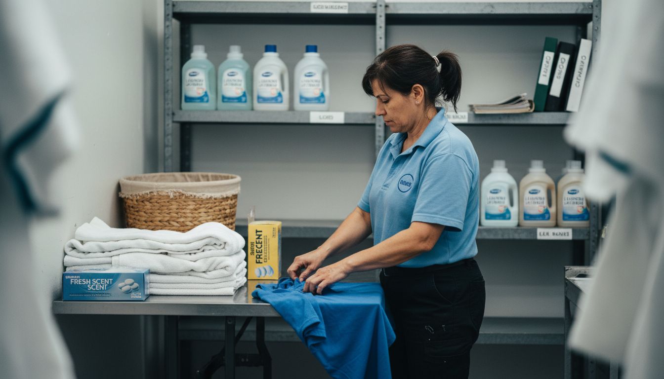 Worker folding shirts at laundry table