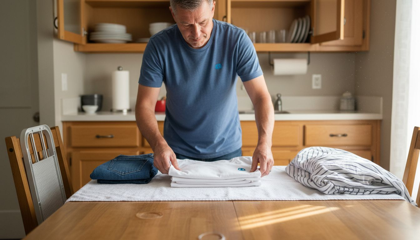 Clean folding area set up in kitchen