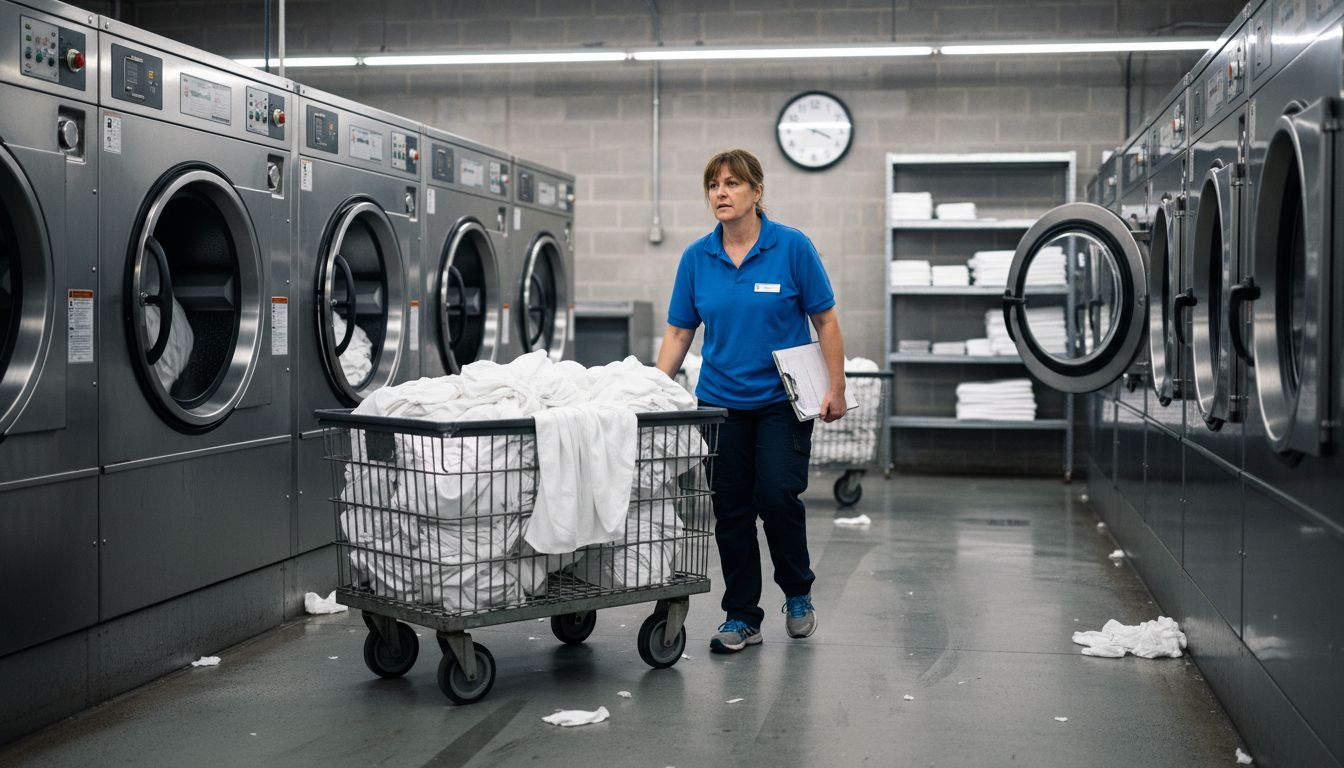Commercial attendant moving linens in large laundry facility