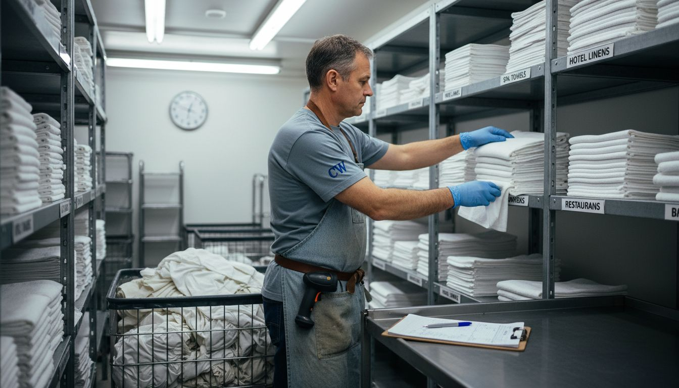 Worker organizes linens at laundry facility