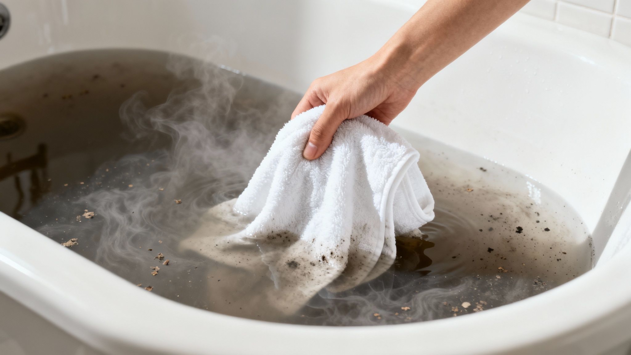 A hand dips a white towel into extremely dirty, steaming water in a bathtub, illustrating laundry stripping.