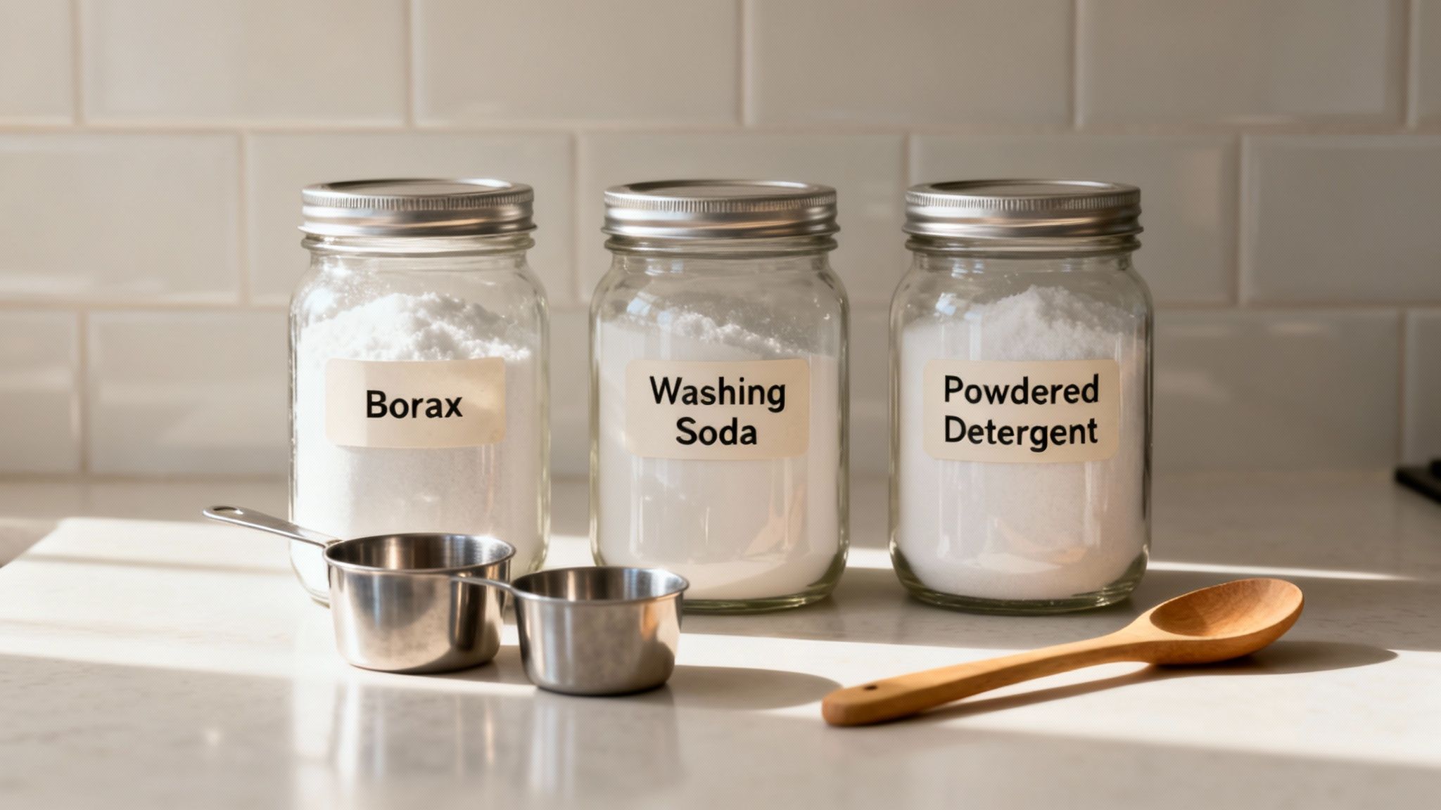 Three labeled glass jars of borax, washing soda, and powdered detergent with measuring tools.
