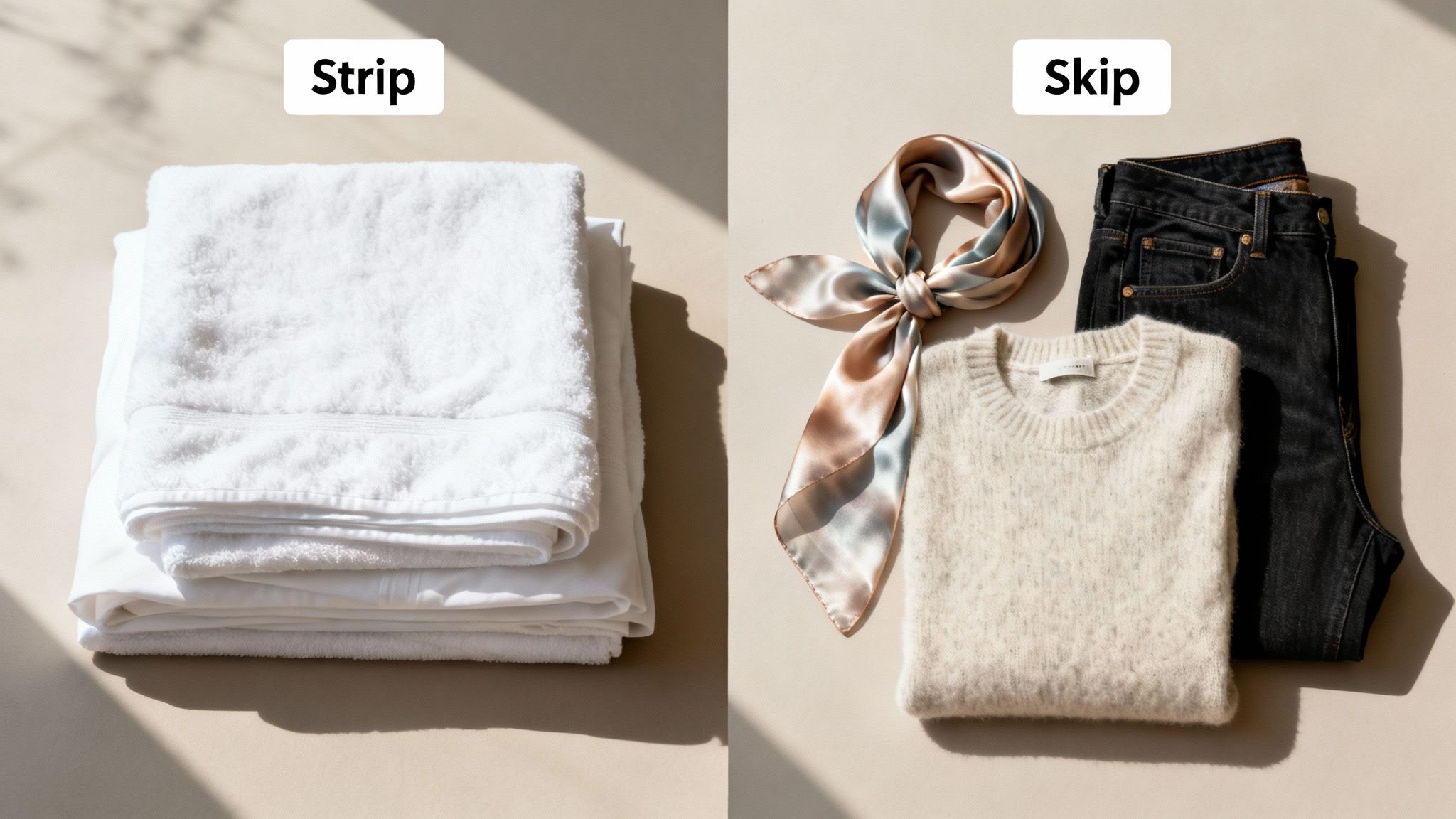 White towels and sheets for laundry stripping, next to a sweater, jeans, and scarf to skip.