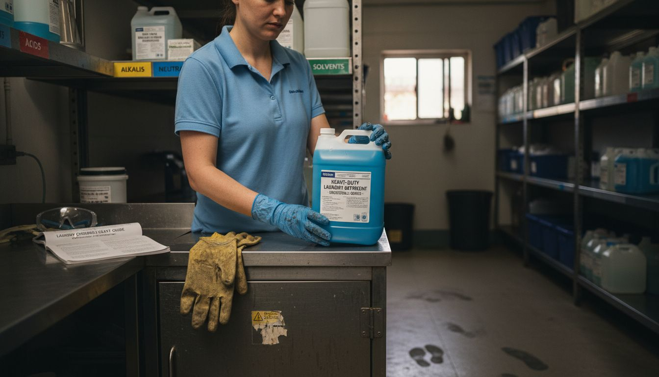 Staff handling chemicals in laundry room