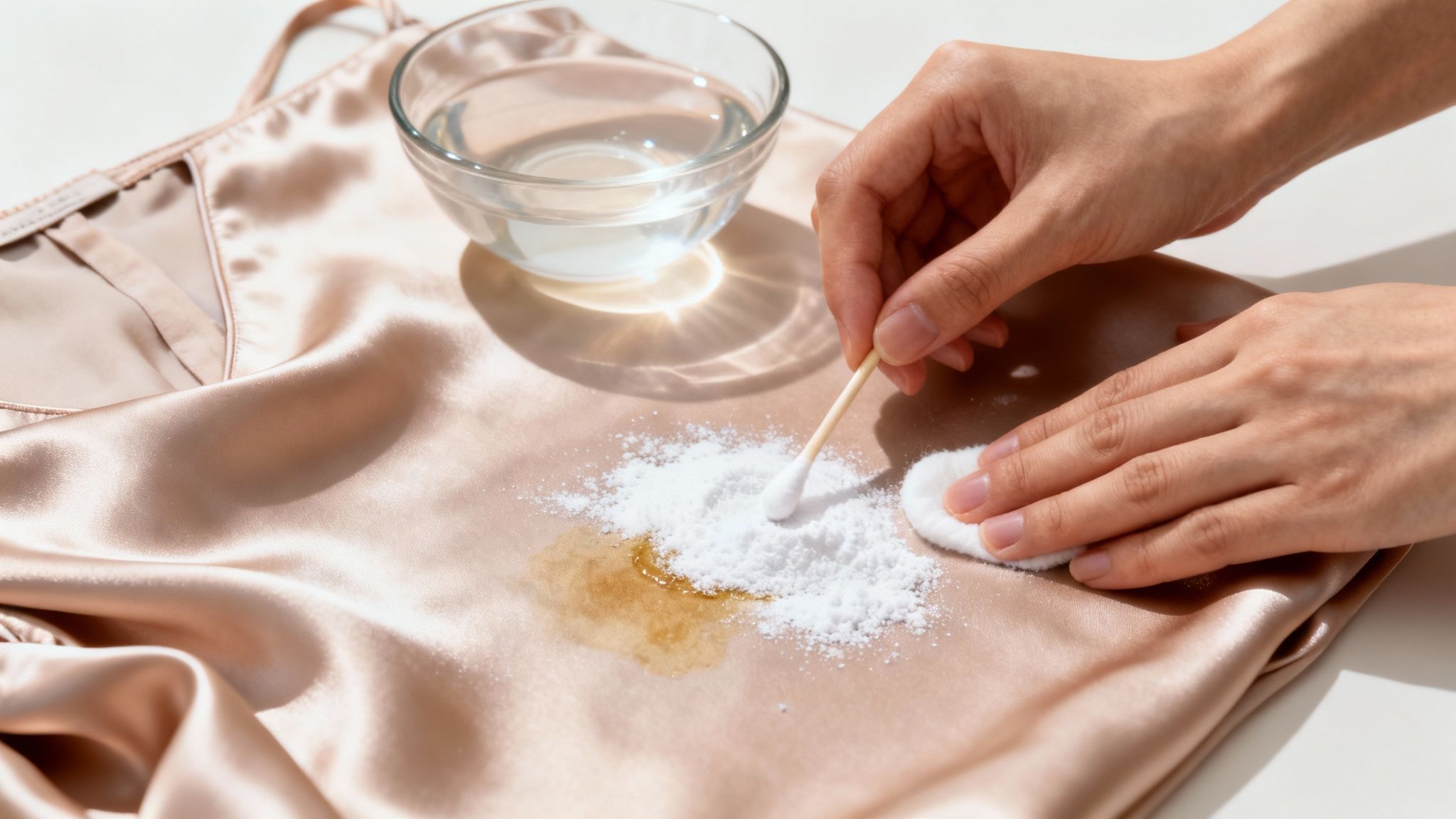 Hands applying white powder and using a cotton swab to clean a stain on silk clothing.
