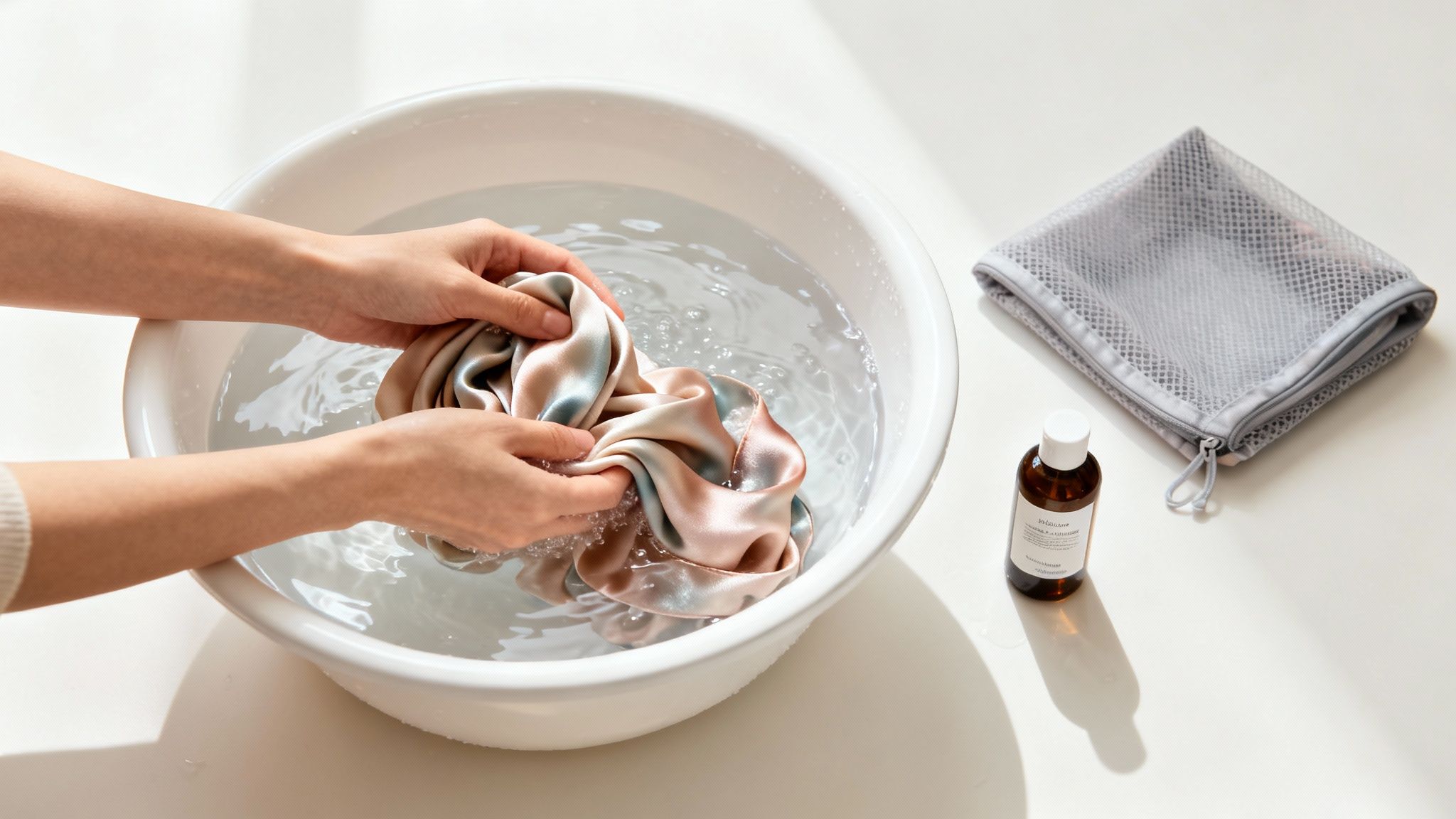 Hands gently hand-washing a delicate silk fabric in a white basin with water.