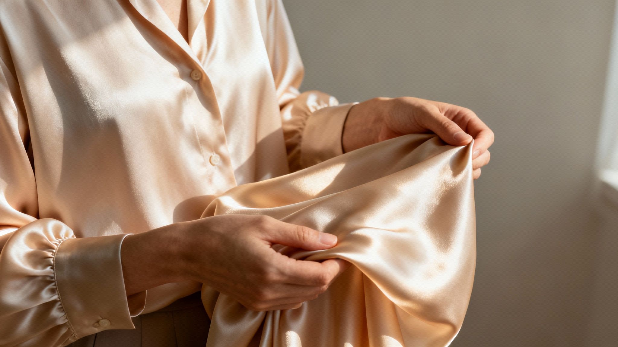 Close-up of a woman's hands gently touching luxurious champagne-colored silk fabric.