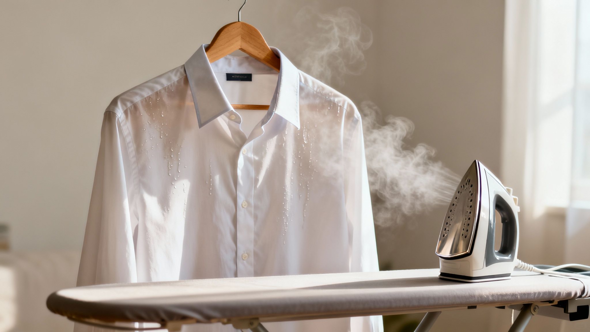 A white dress shirt with water droplets hangs on a hanger, being steamed by an iron on an ironing board.