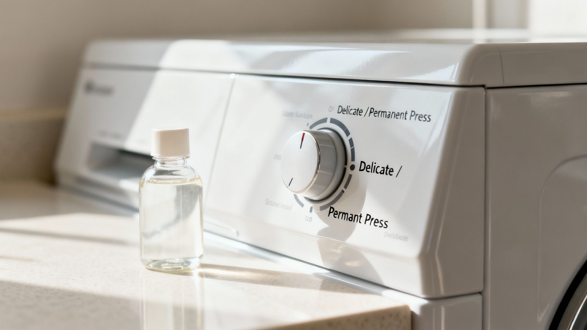 A small clear bottle of liquid sits on a counter next to a washing machine set to delicate.