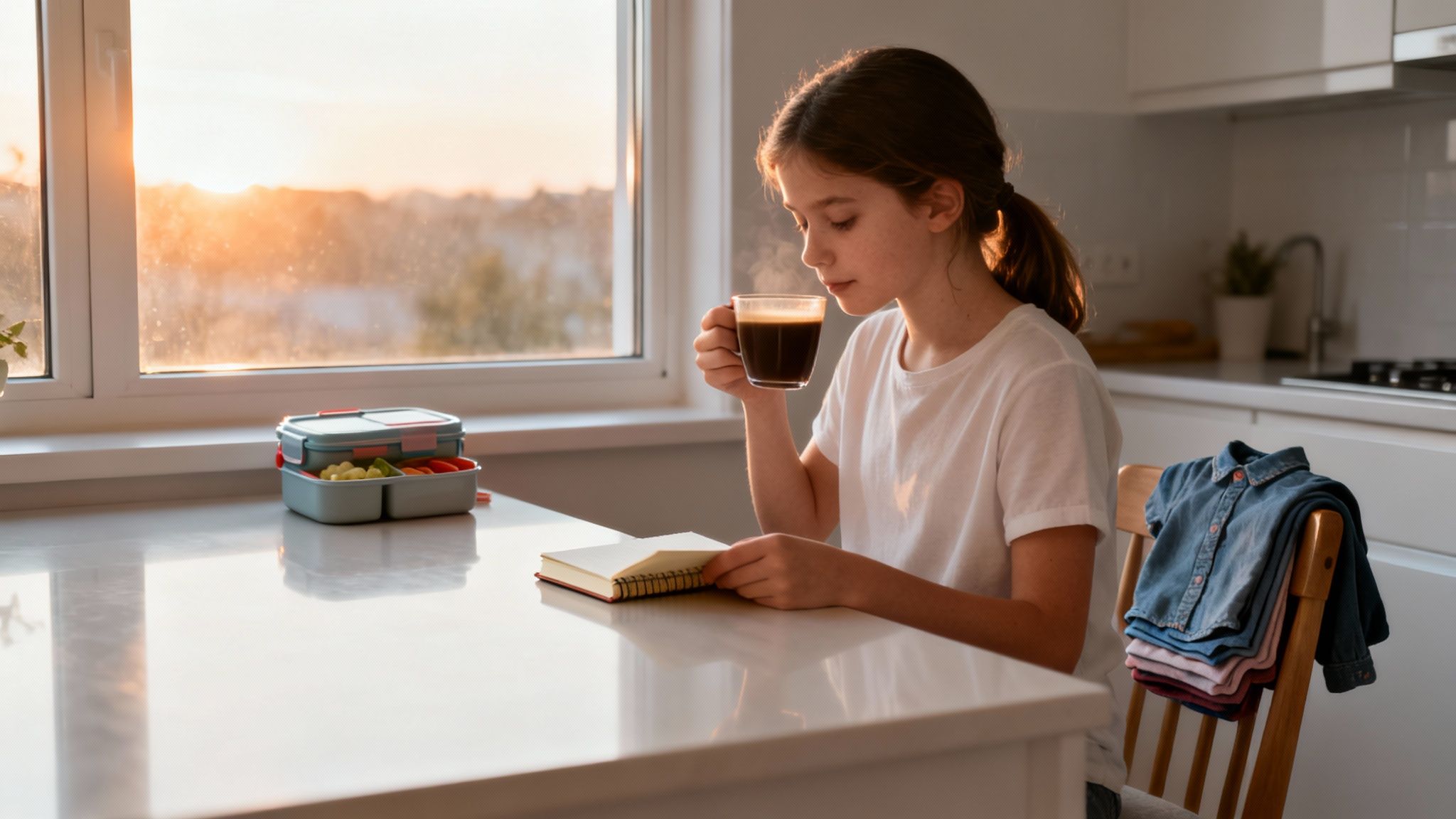 A young girl reads a notebook and drinks coffee in a sunlit kitchen, with a lunchbox nearby.
