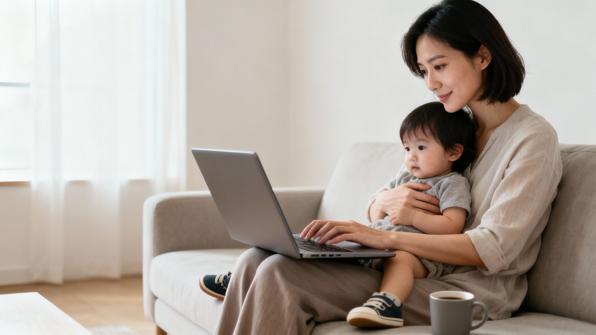 A smiling mother holds her baby while working on a laptop on the sofa at home.