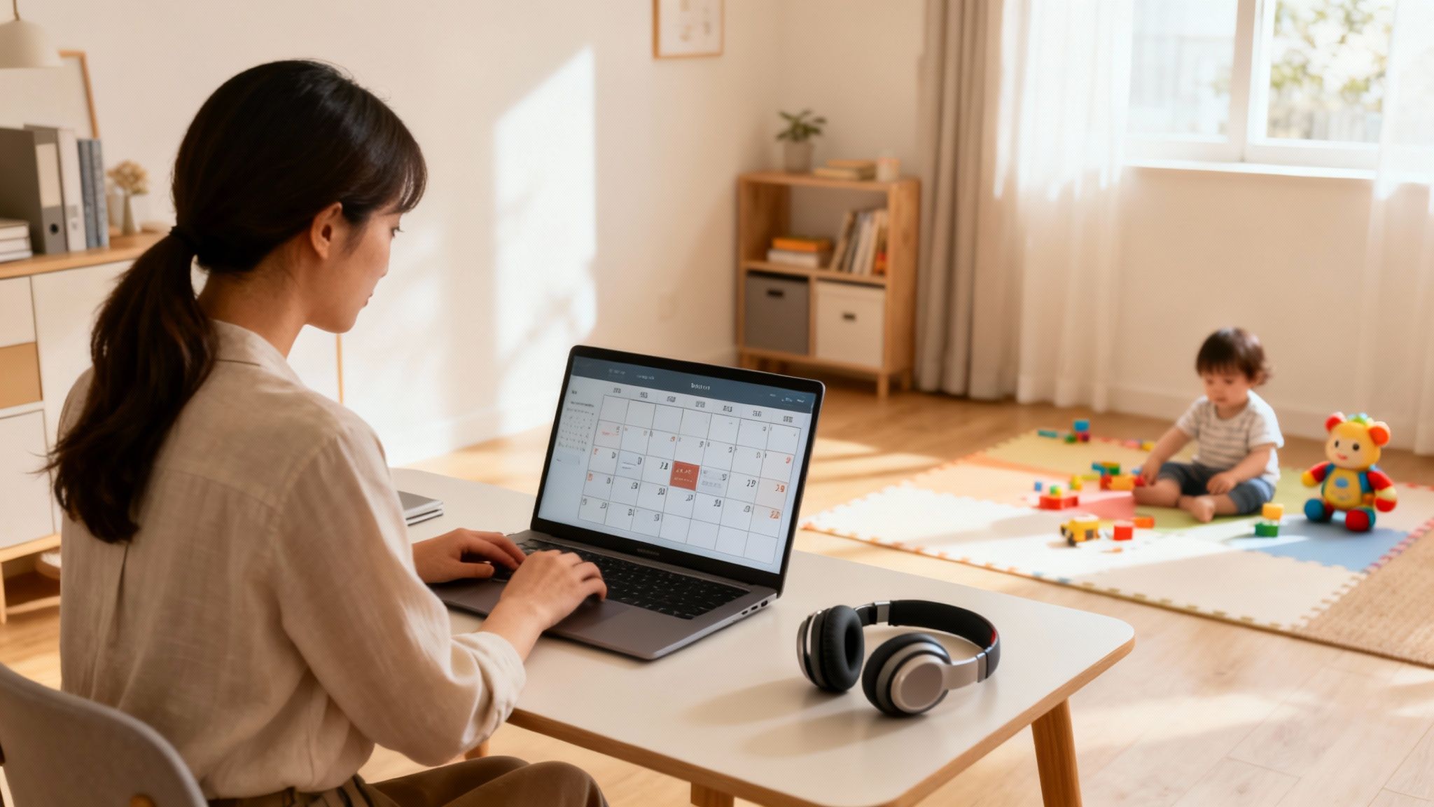 A working mother manages her schedule on a laptop while her child plays nearby.