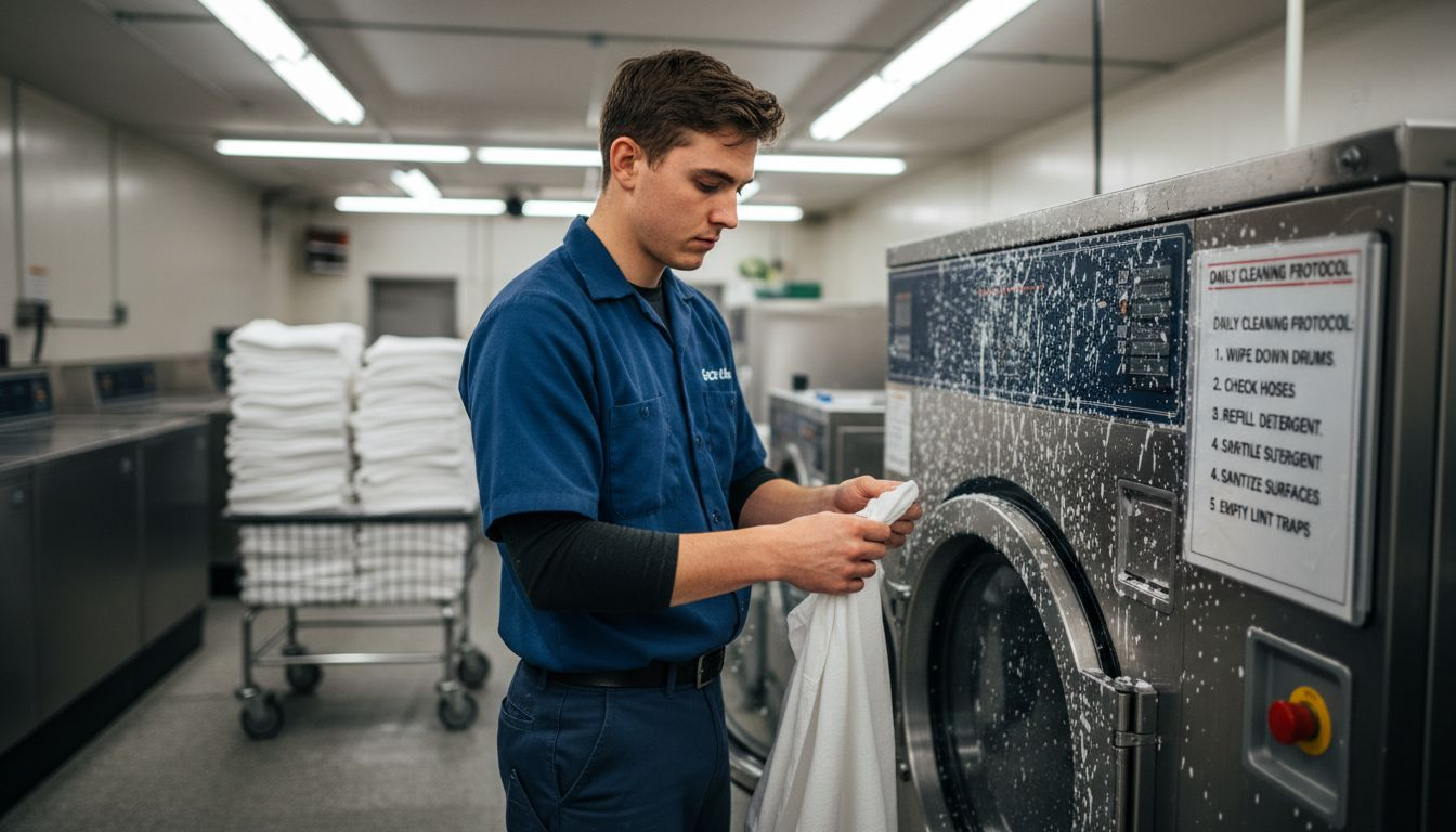 Laundry technician checks label by washer