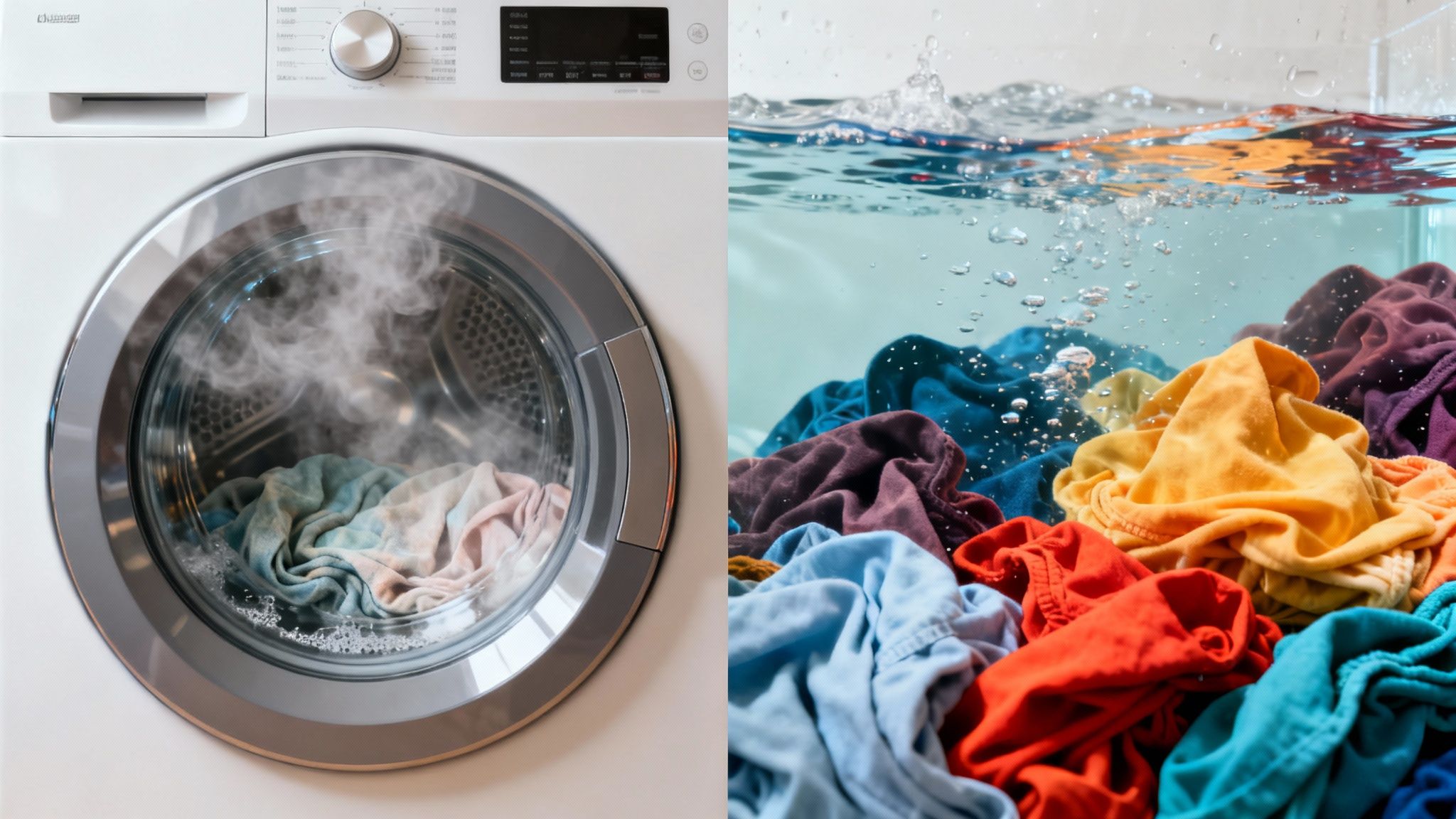 A washing machine emitting steam on one side, and colorful laundry submerged in bubbly water on the other.