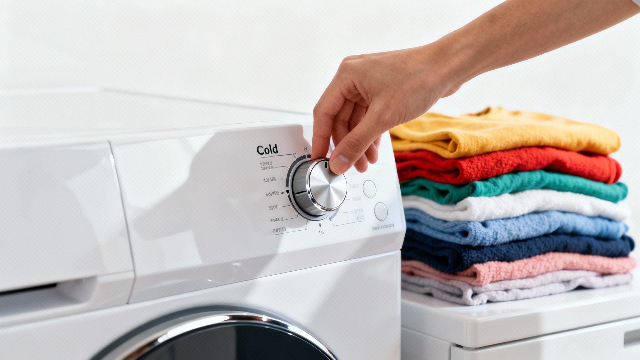 A hand turns the dial of a white washing machine to the 'Cold' setting, next to stacked colorful laundry.