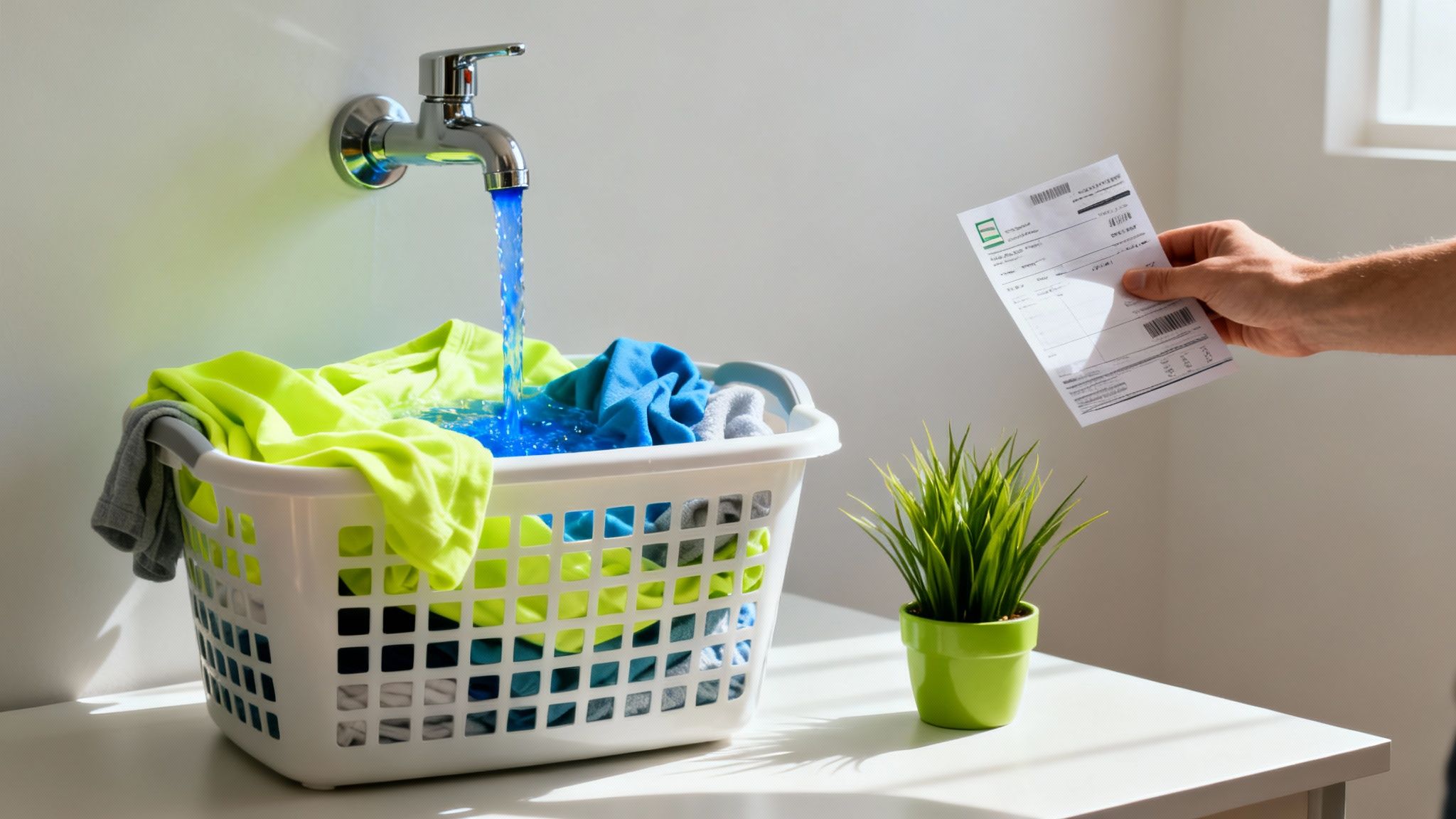 A hand holds a bill next to a laundry basket being filled with blue water from a faucet.